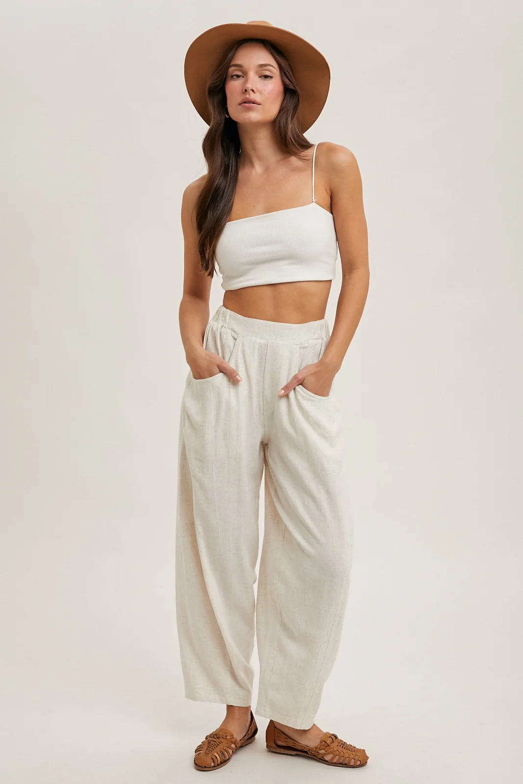 Oatmeal Linen Blend Barrel Leg Maternity Pants - Image 4