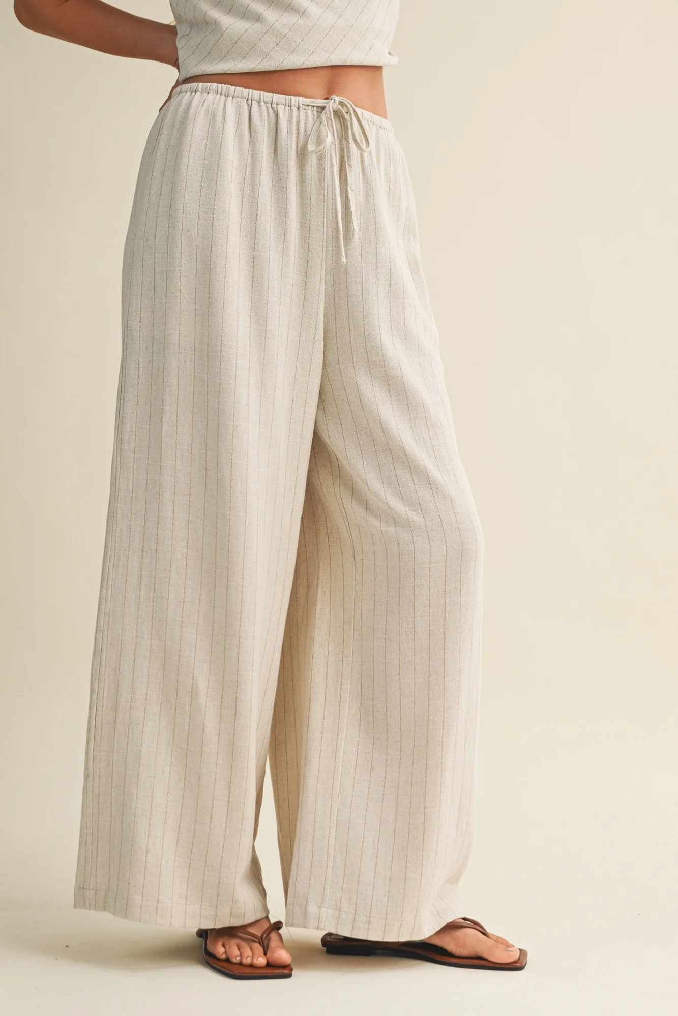 Oatmeal Pinstripe Drawstring Linen Pants - Image 5