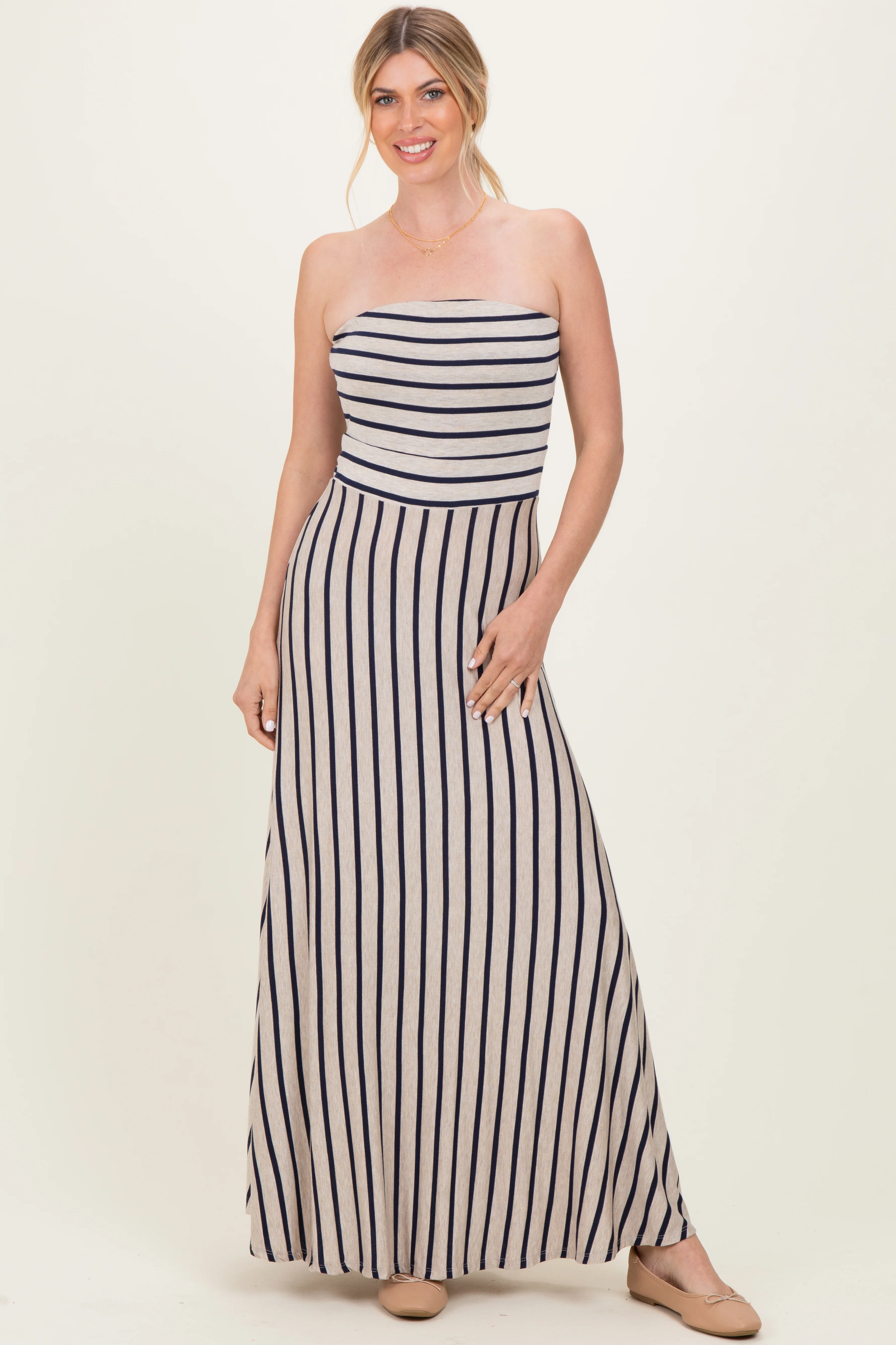 Oatmeal Striped Strapless Maternity Maxi Dress - Image 3