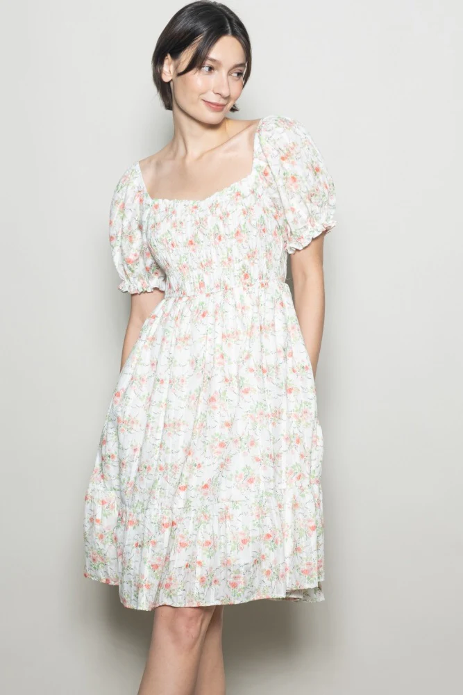Off White Floral Sweetheart Neck Smocked Midi Dress - Image 2