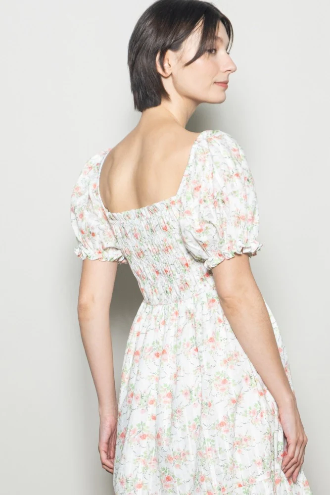 Off White Floral Sweetheart Neck Smocked Midi Dress - Image 5