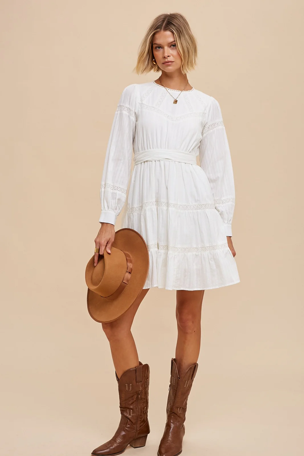 Off White Lace Inlay Long Sleeve Mini Dress - Image 2