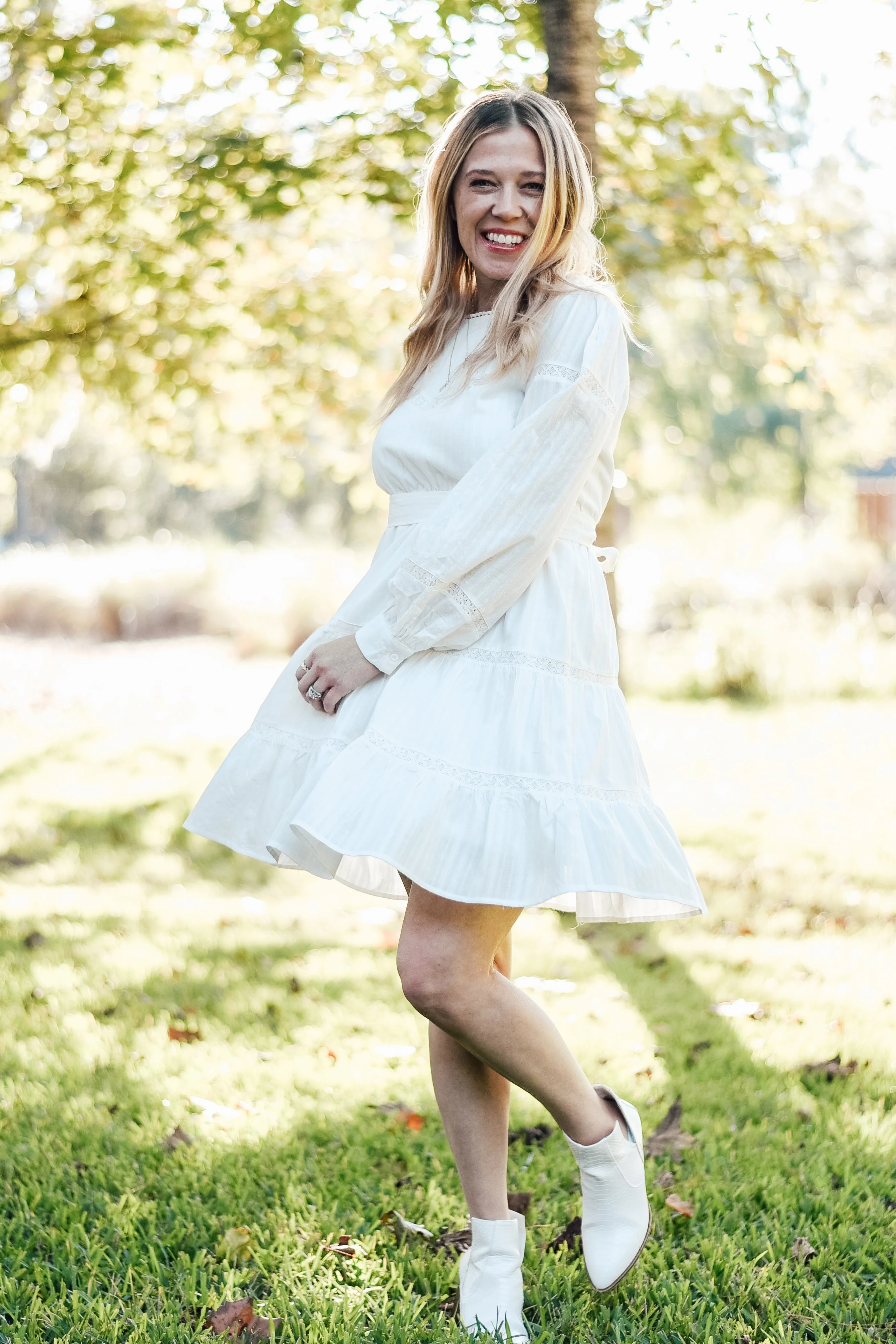 Off White Lace Inlay Long Sleeve Mini Dress - Image 6