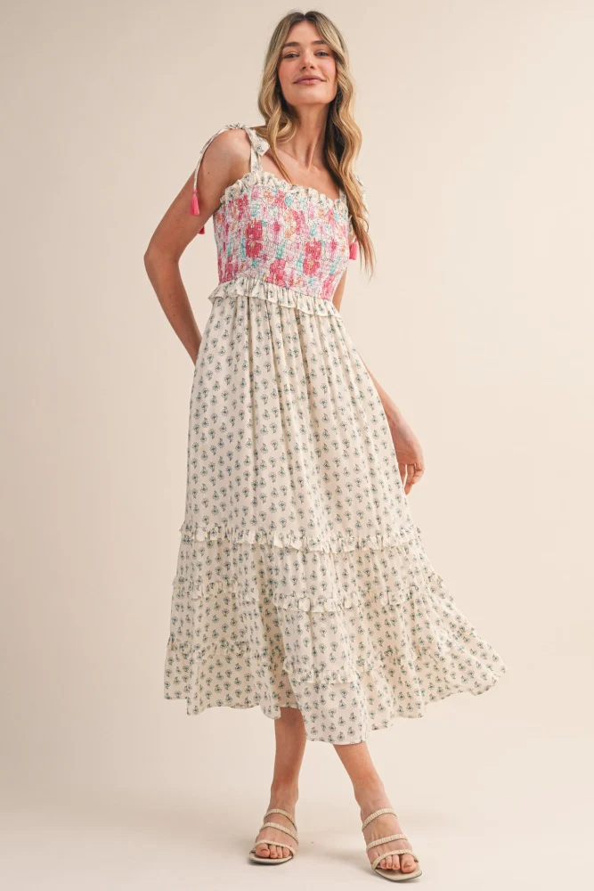 Off White Multi Floral Smocked Midi Dress - Image 2