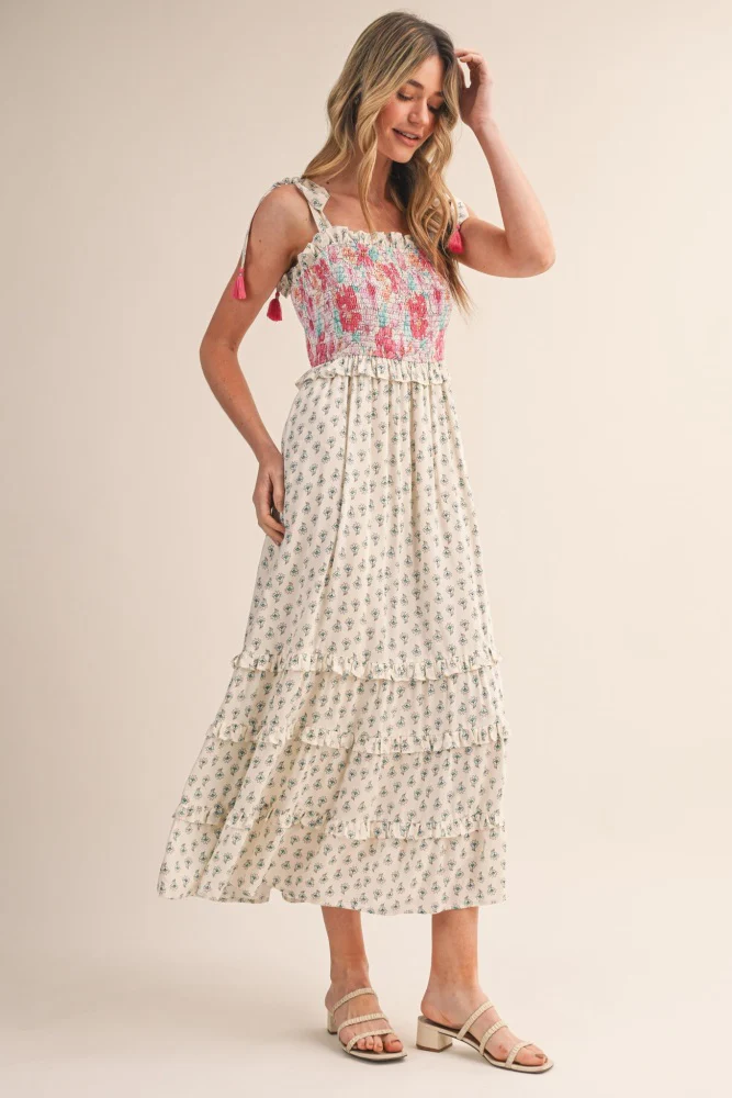 Off White Multi Floral Smocked Midi Dress - Image 3