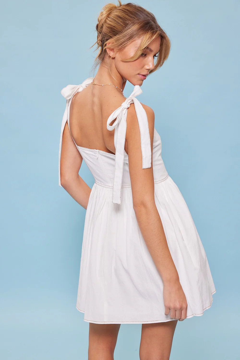 Off White Ribbon Shoulder Ties Mini Dress - Image 2