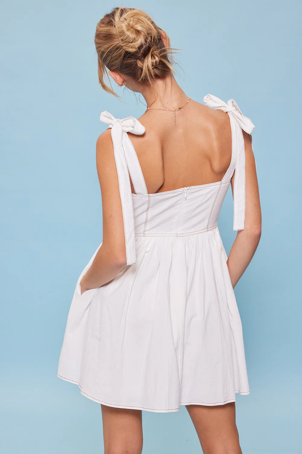 Off White Ribbon Shoulder Ties Mini Dress - Image 3