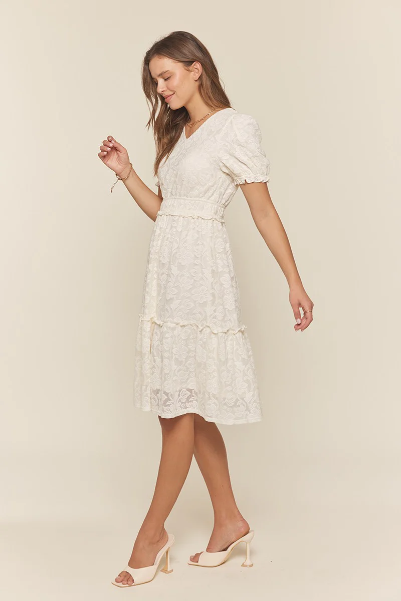 Off White Ruffle Detail Lace Dress - Image 2
