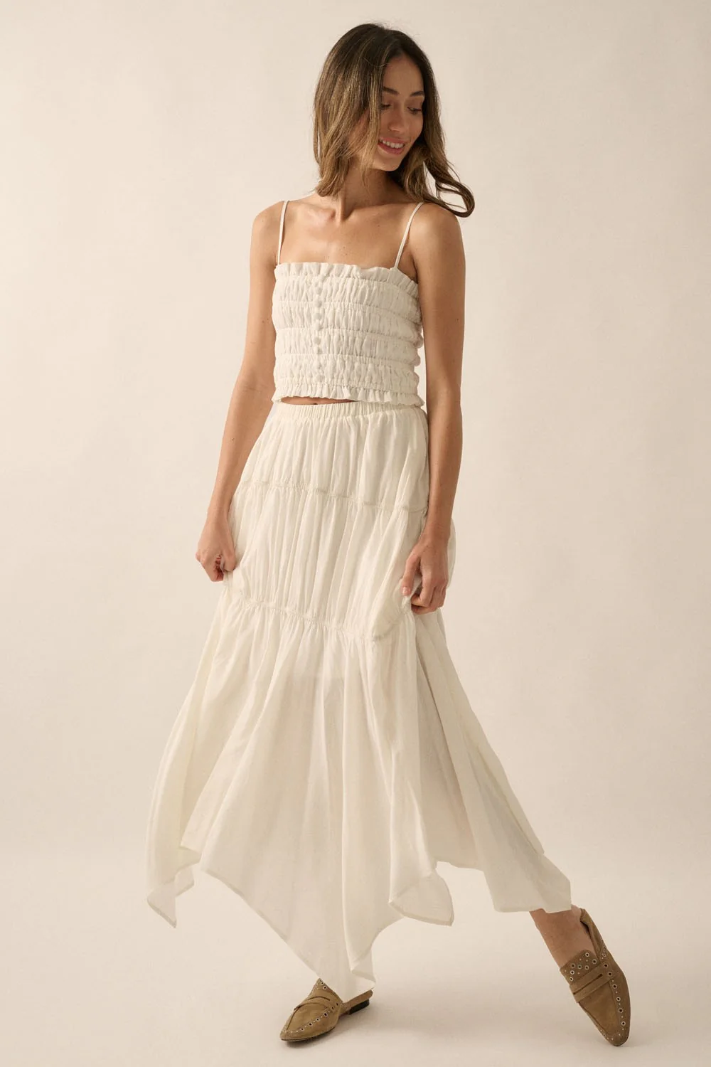 Off White Solid Smocked-Bodice Cropped Cami Top - Image 4