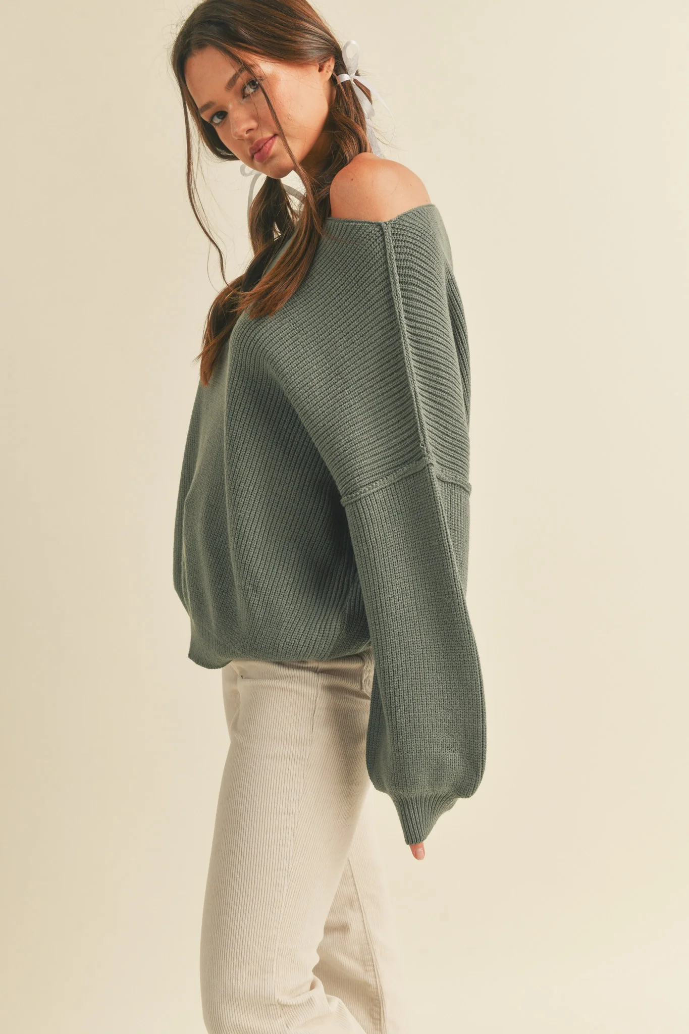 Olive Balloon Sleeve Boat Neck Knit Sweater - Image 2