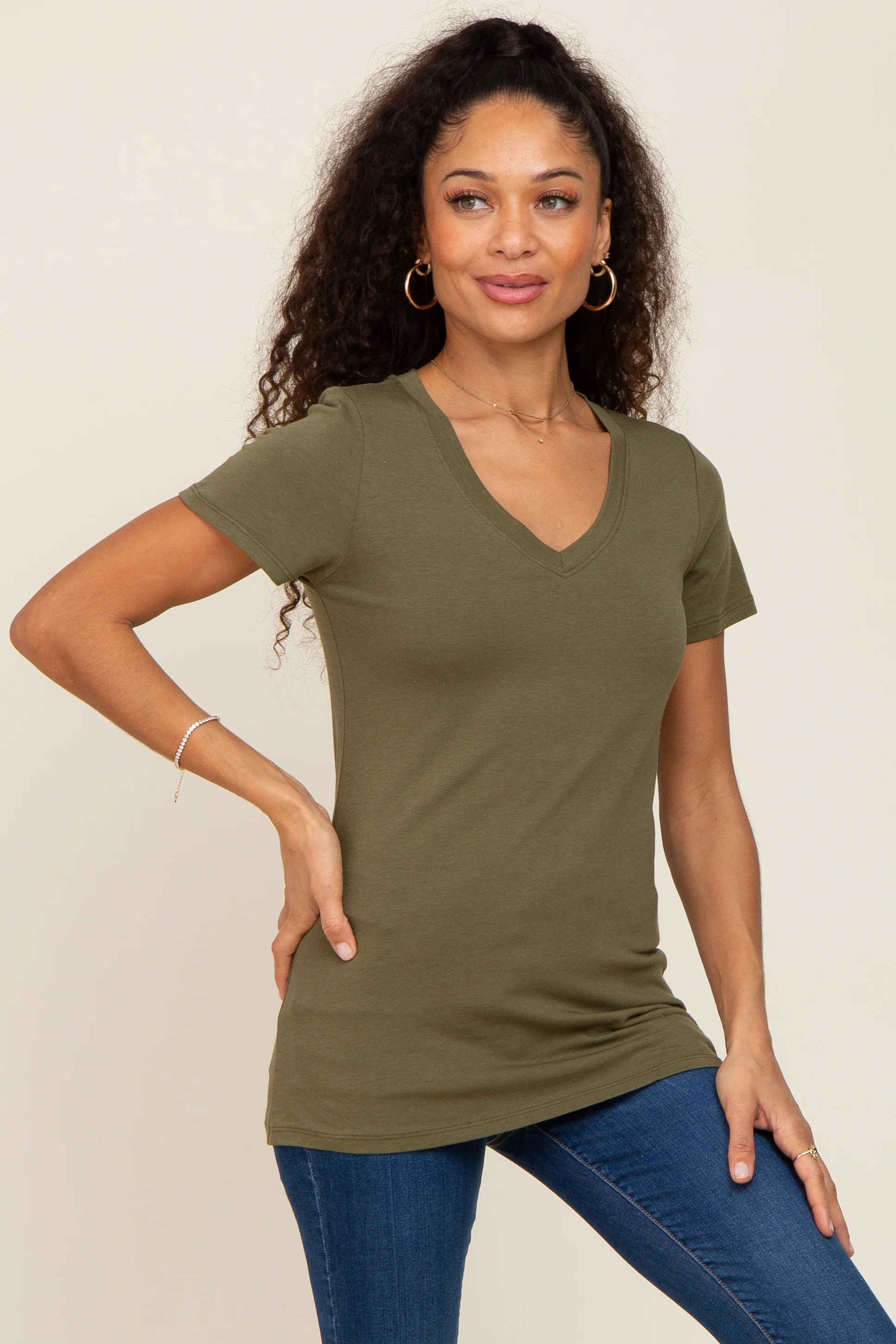 Olive Basic V-Neck Maternity Tee - Image 5