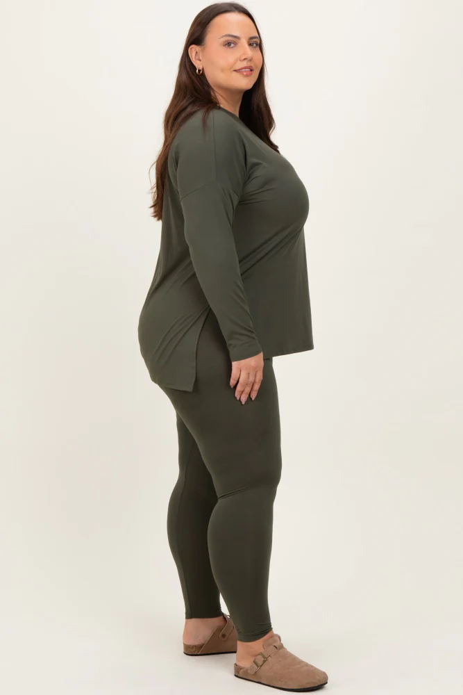 Olive Brushed Knit Oversized Top and Legging Plus Set - Image 3