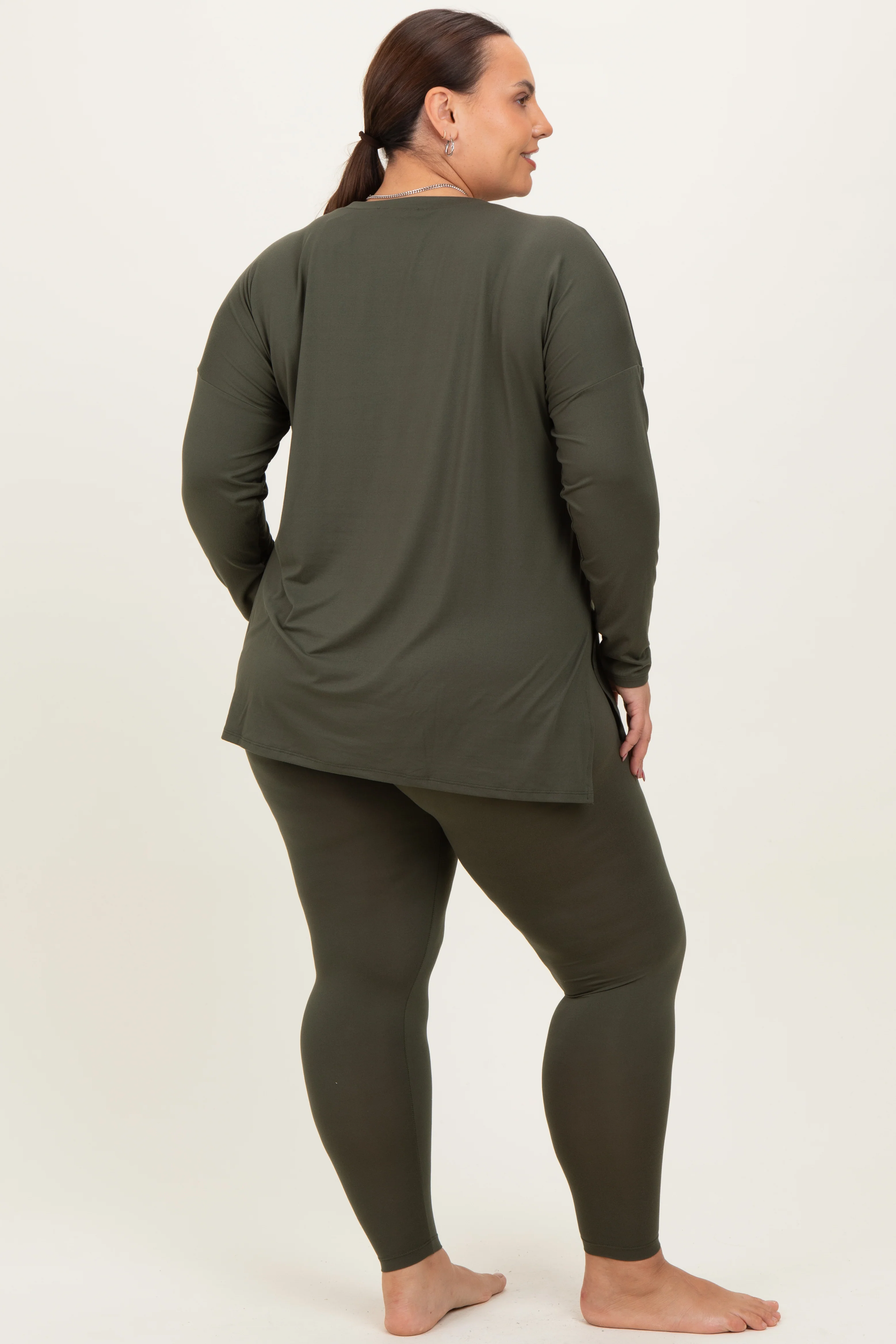 Olive Brushed Knit Oversized Top and Legging Plus Set - Image 4