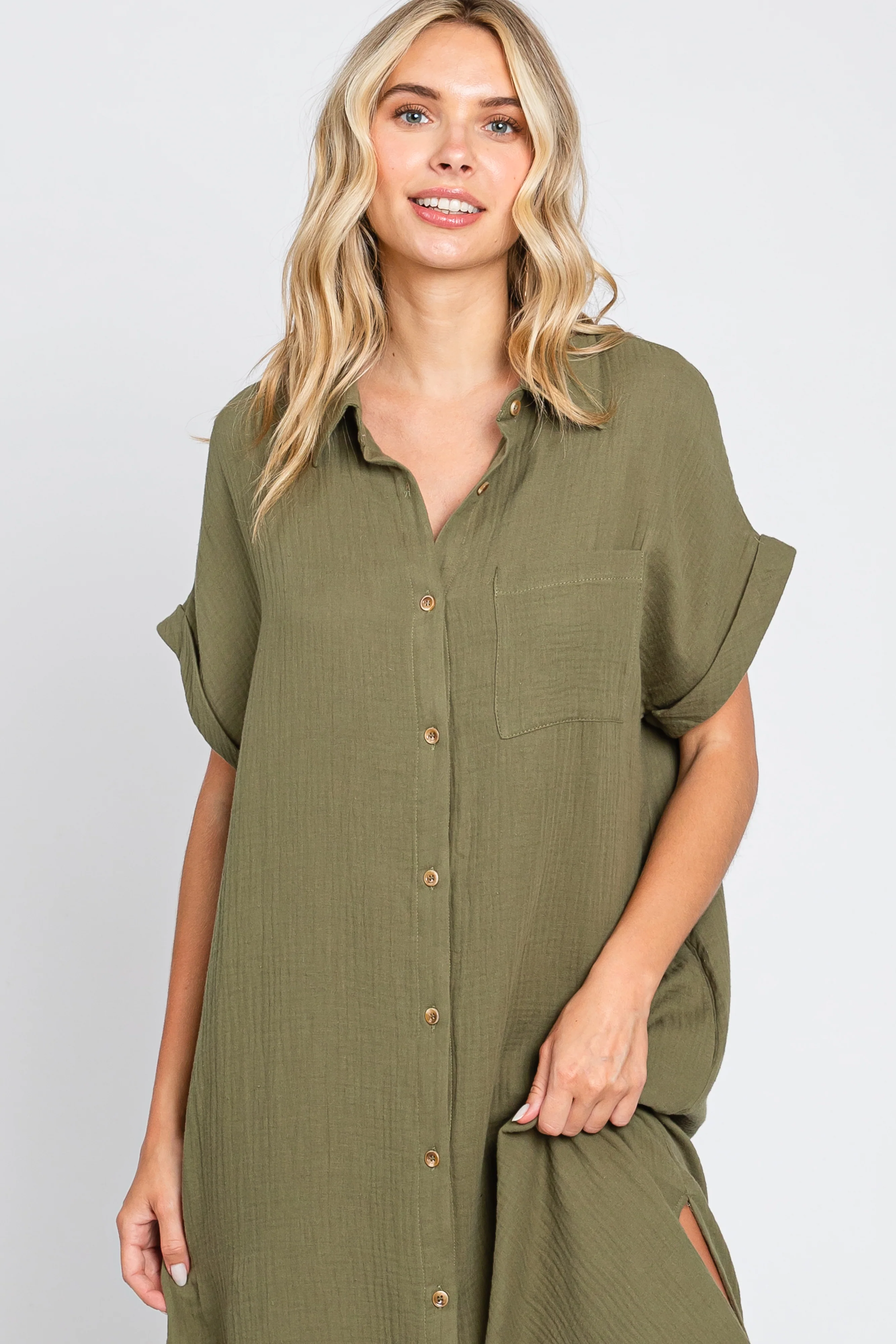 Olive Button Down Midi Dress - Image 4