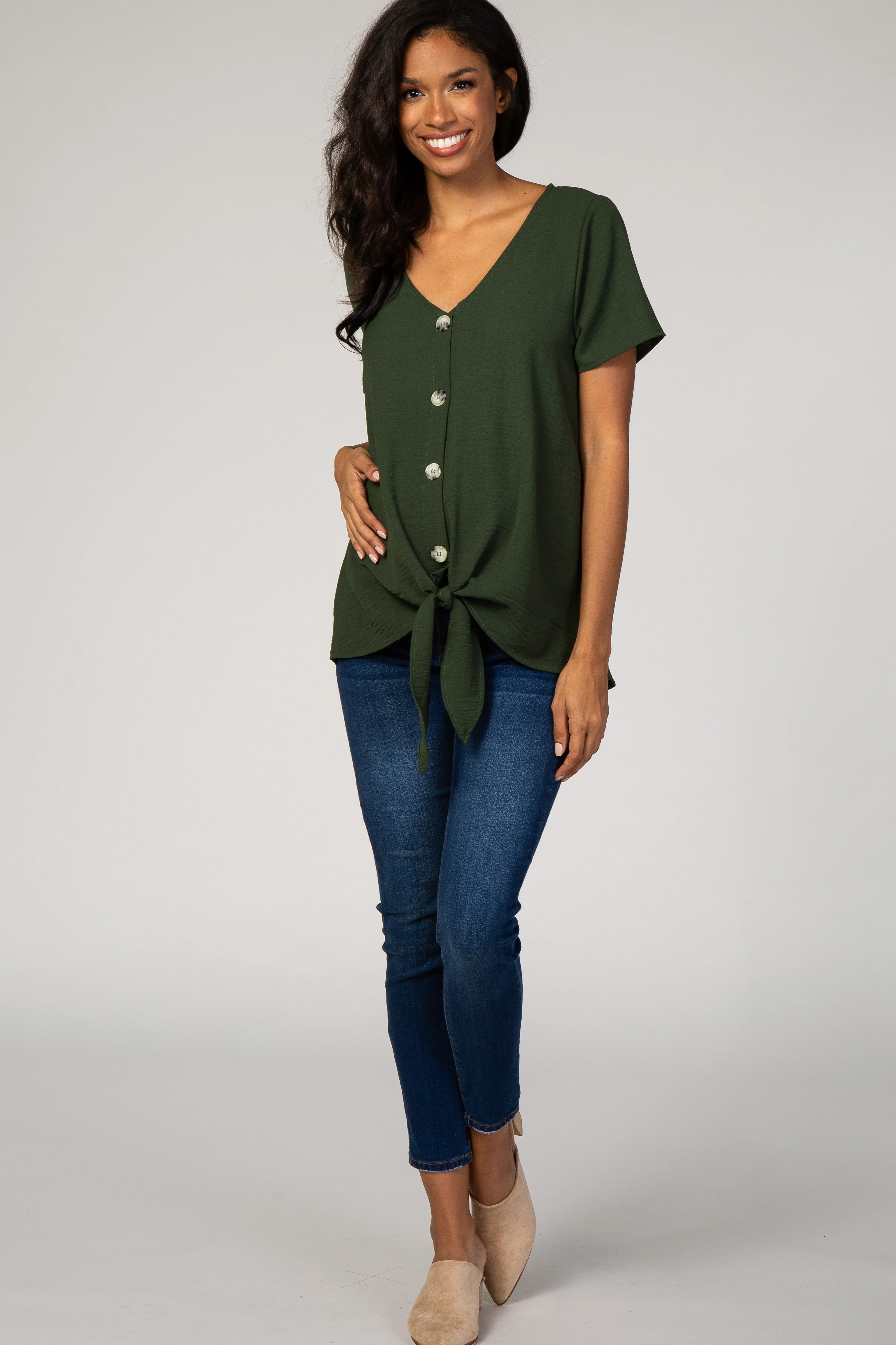 Olive Button Tie Front Maternity Top - Image 4