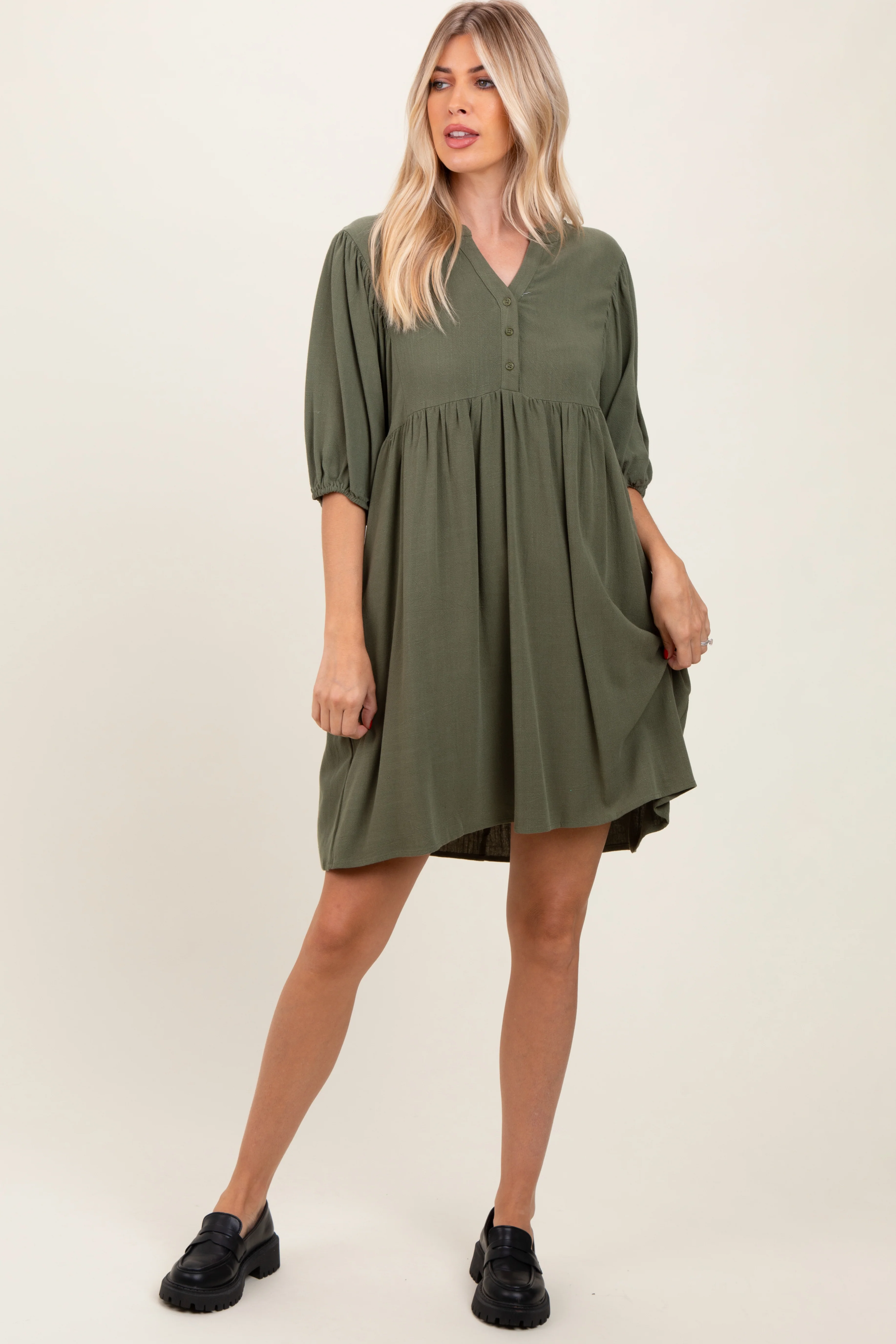 Olive Button Up Split Neck Maternity Dress - Image 4