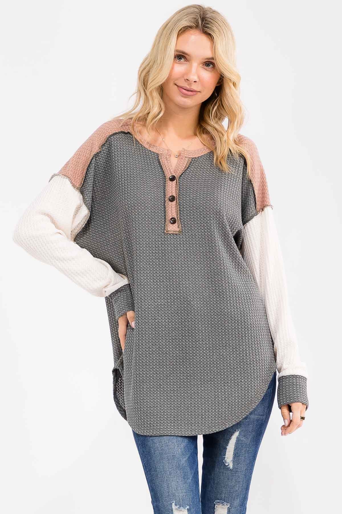 Olive Colorblock Relaxed Waffle Knit Henley - Image 3