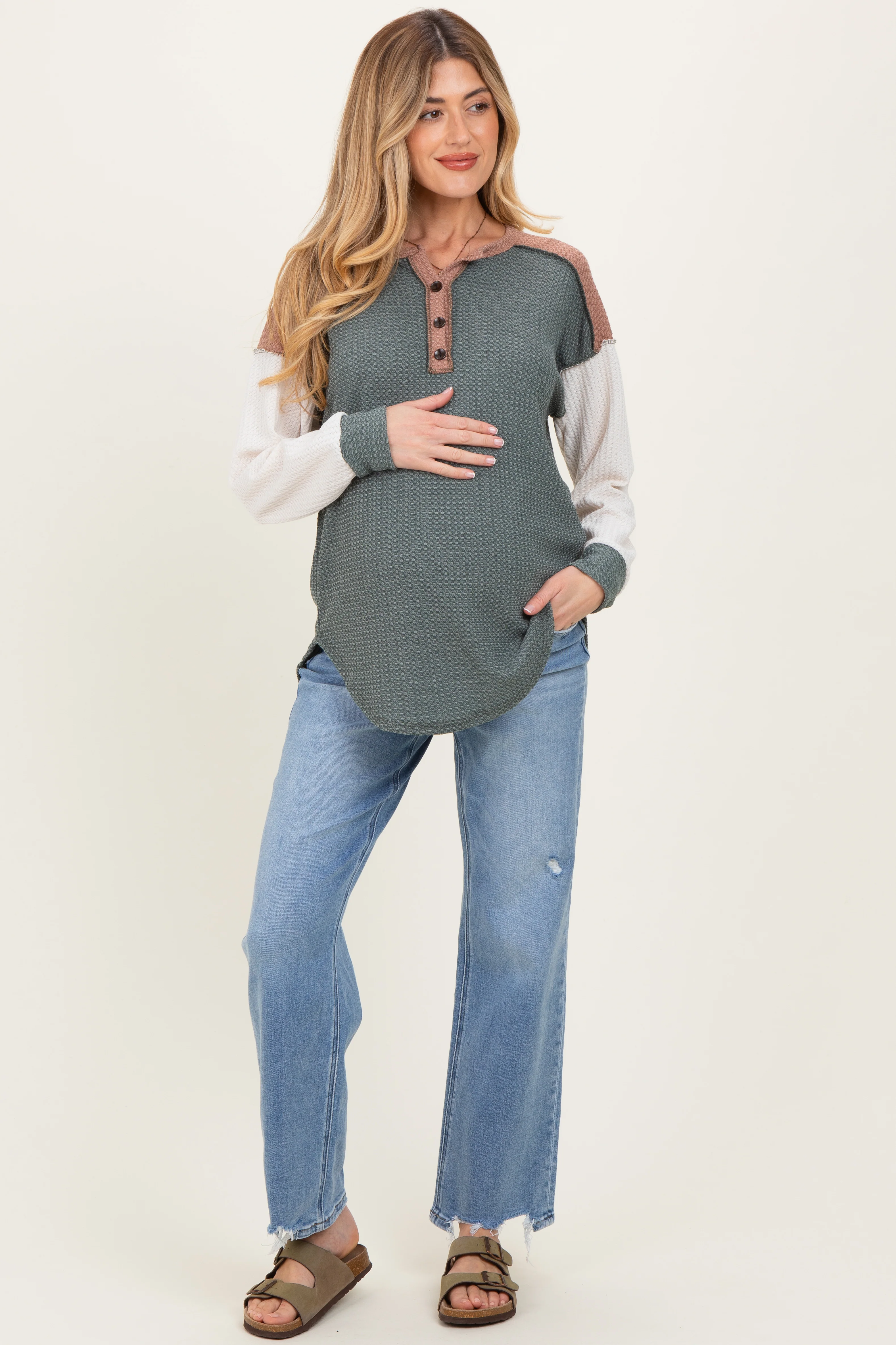 Olive Colorblock Relaxed Waffle Knit Maternity Henley - Image 2