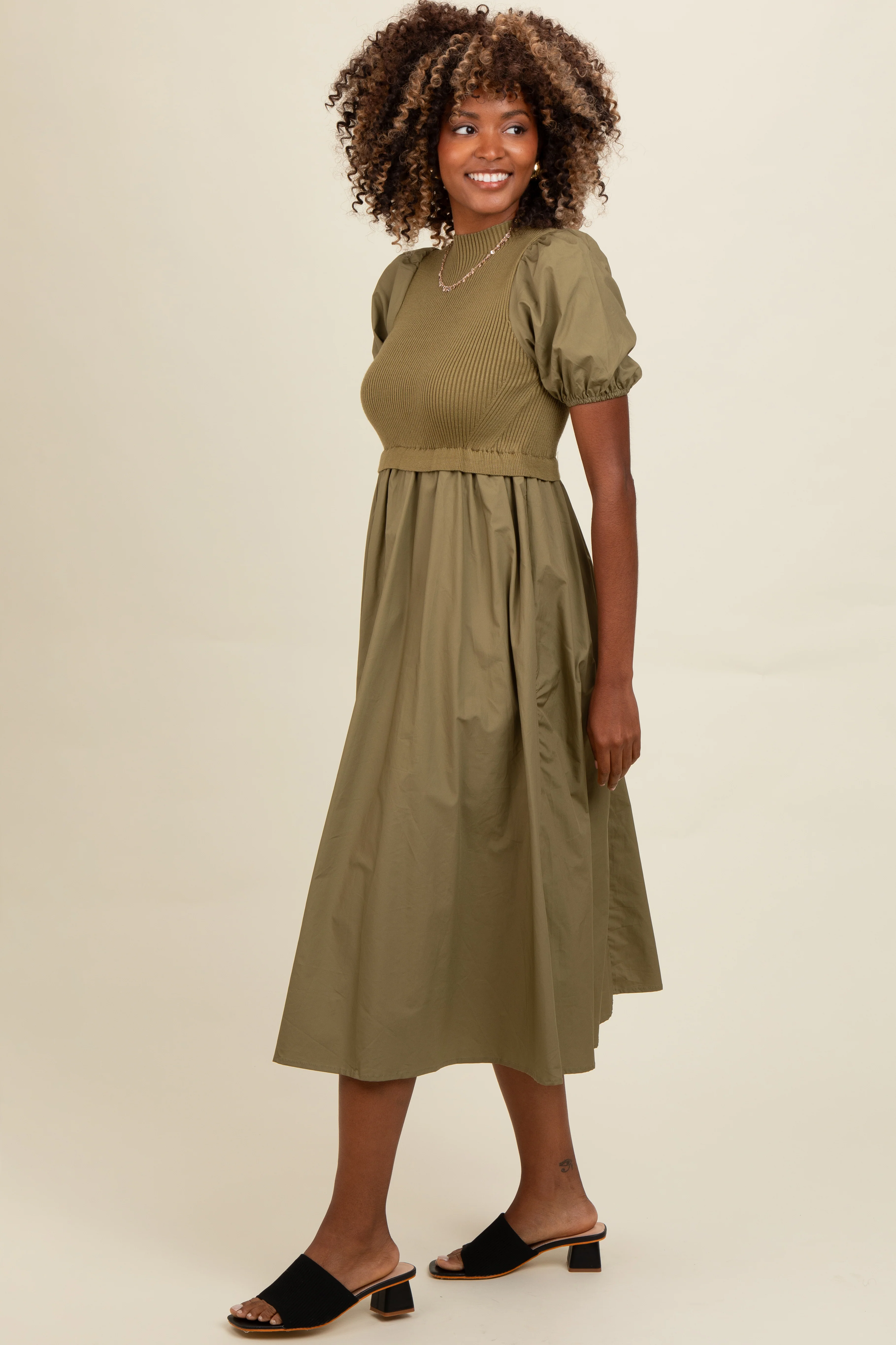 Olive Contrast Knit Bodice Midi Dress - Image 3