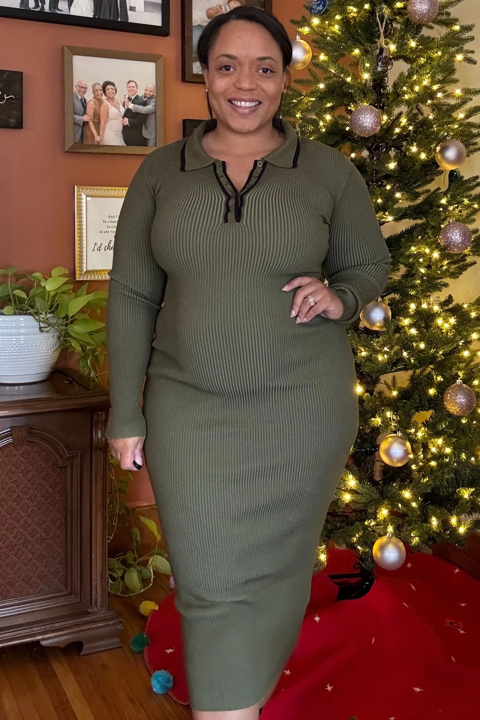 Olive Contrast Trim Ribbed Knit Button Up Maternity Midi Dress - Image 4