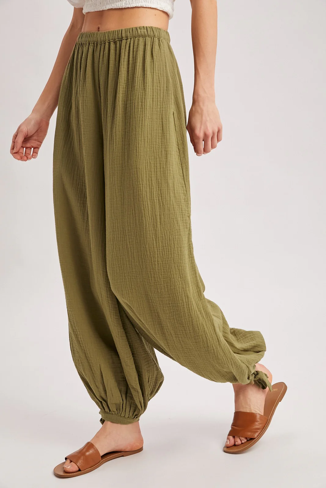 Olive Cotton Gauze Tie Hem Pants - Image 3