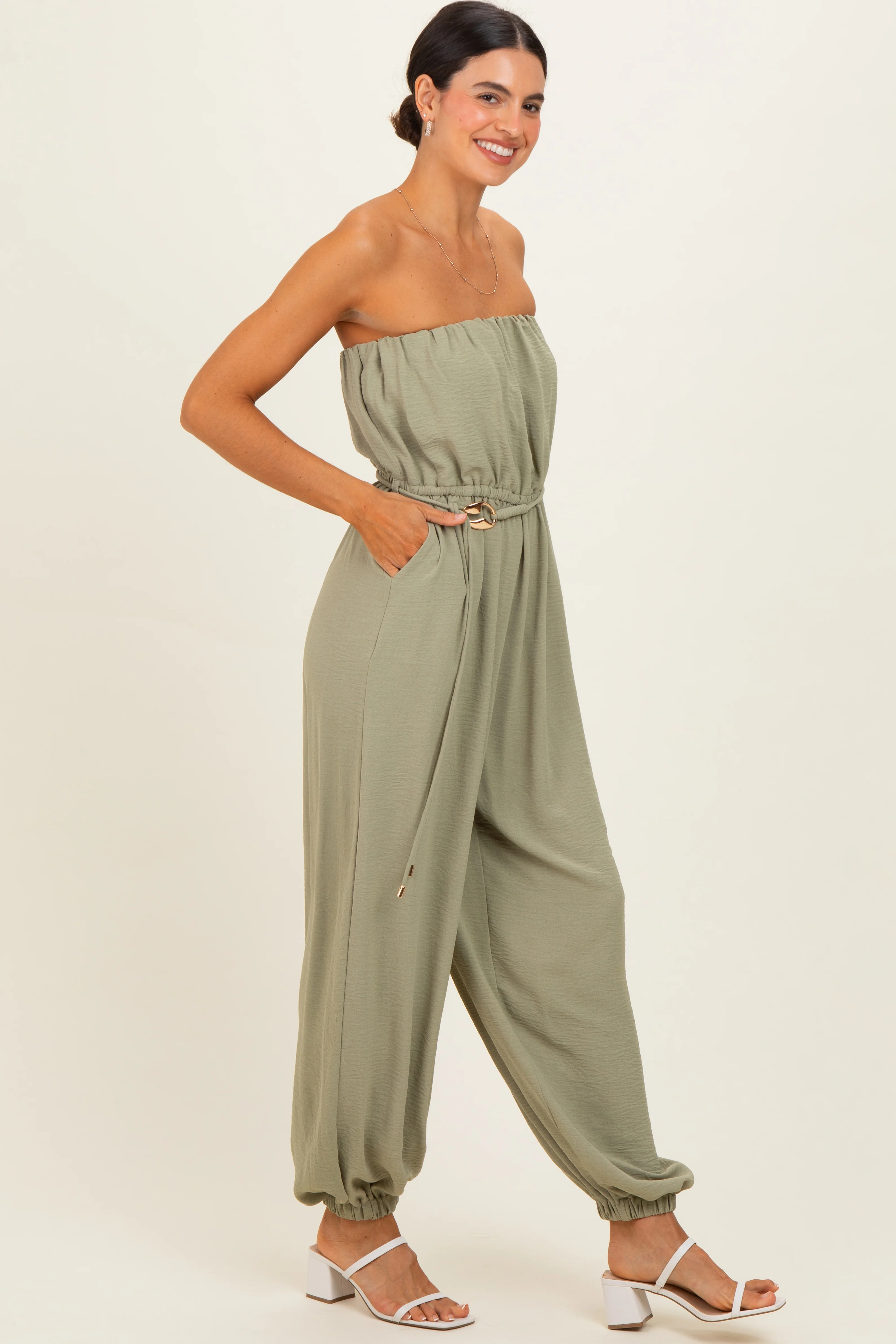 Olive Crinkled Tube Balloon Jumpsuit - Image 2