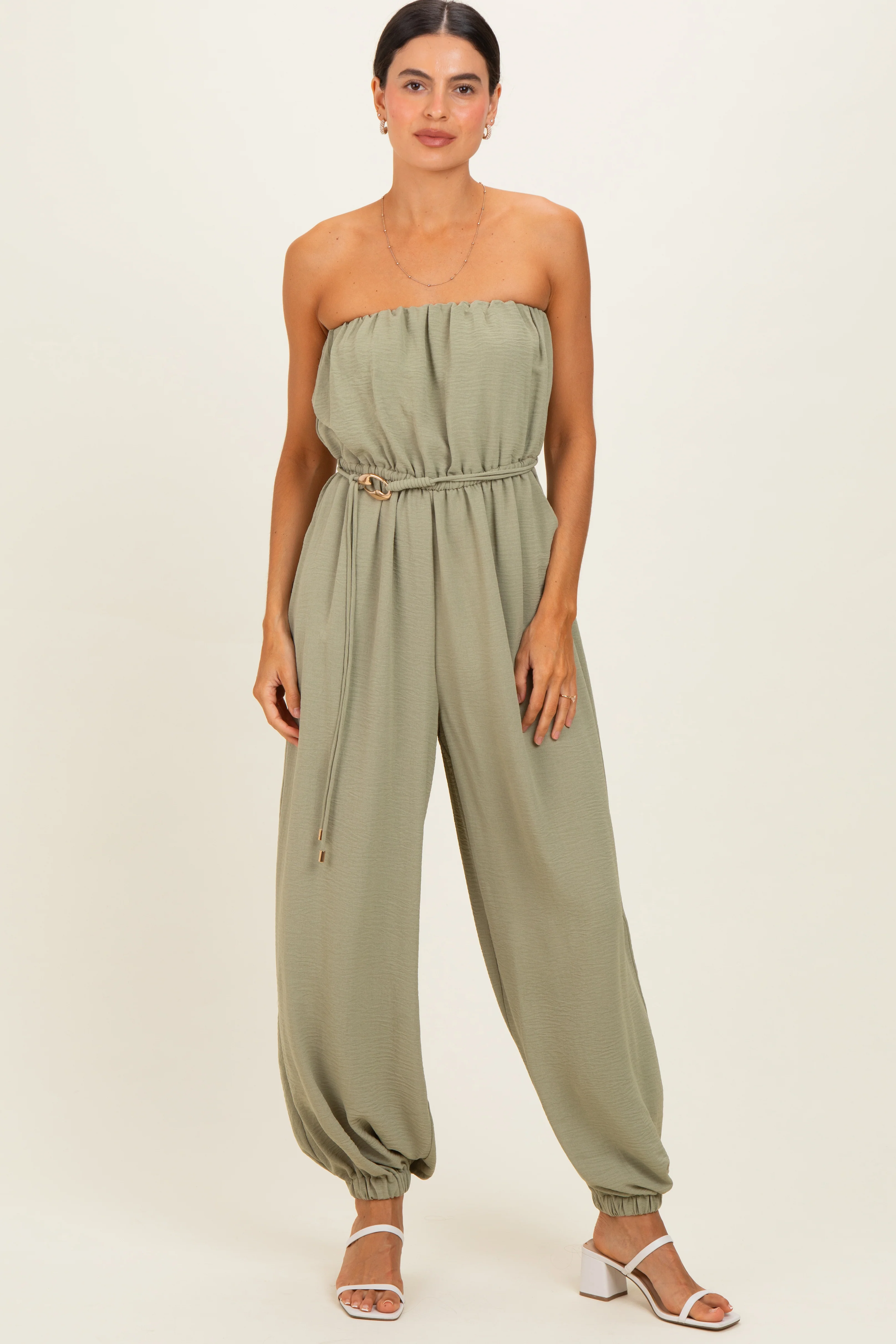 Olive Crinkled Tube Balloon Maternity Jumpsuit - Image 5