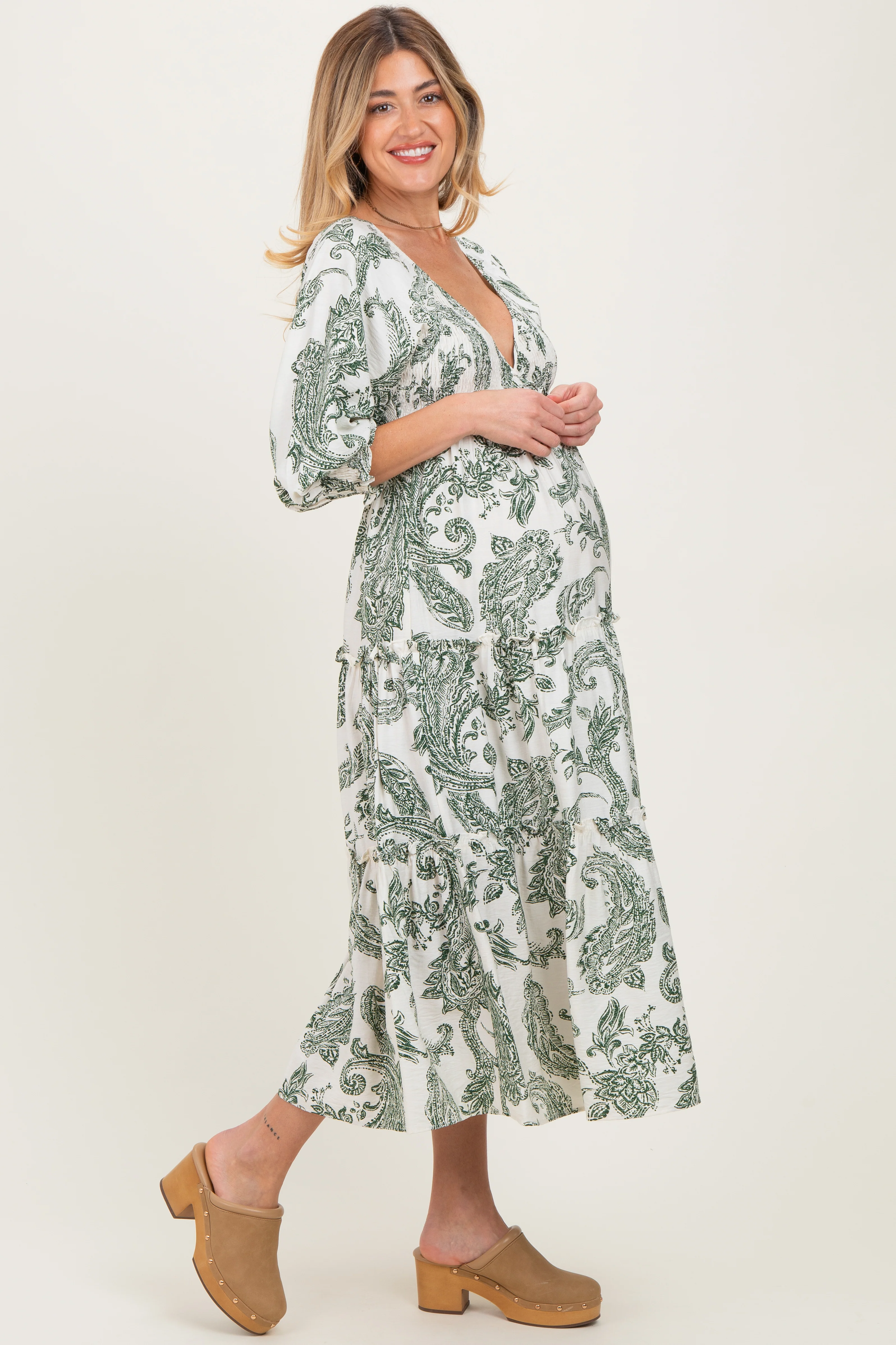 Olive Damask Smocked Ruffle Tier Maternity Midi Dresses - Image 3