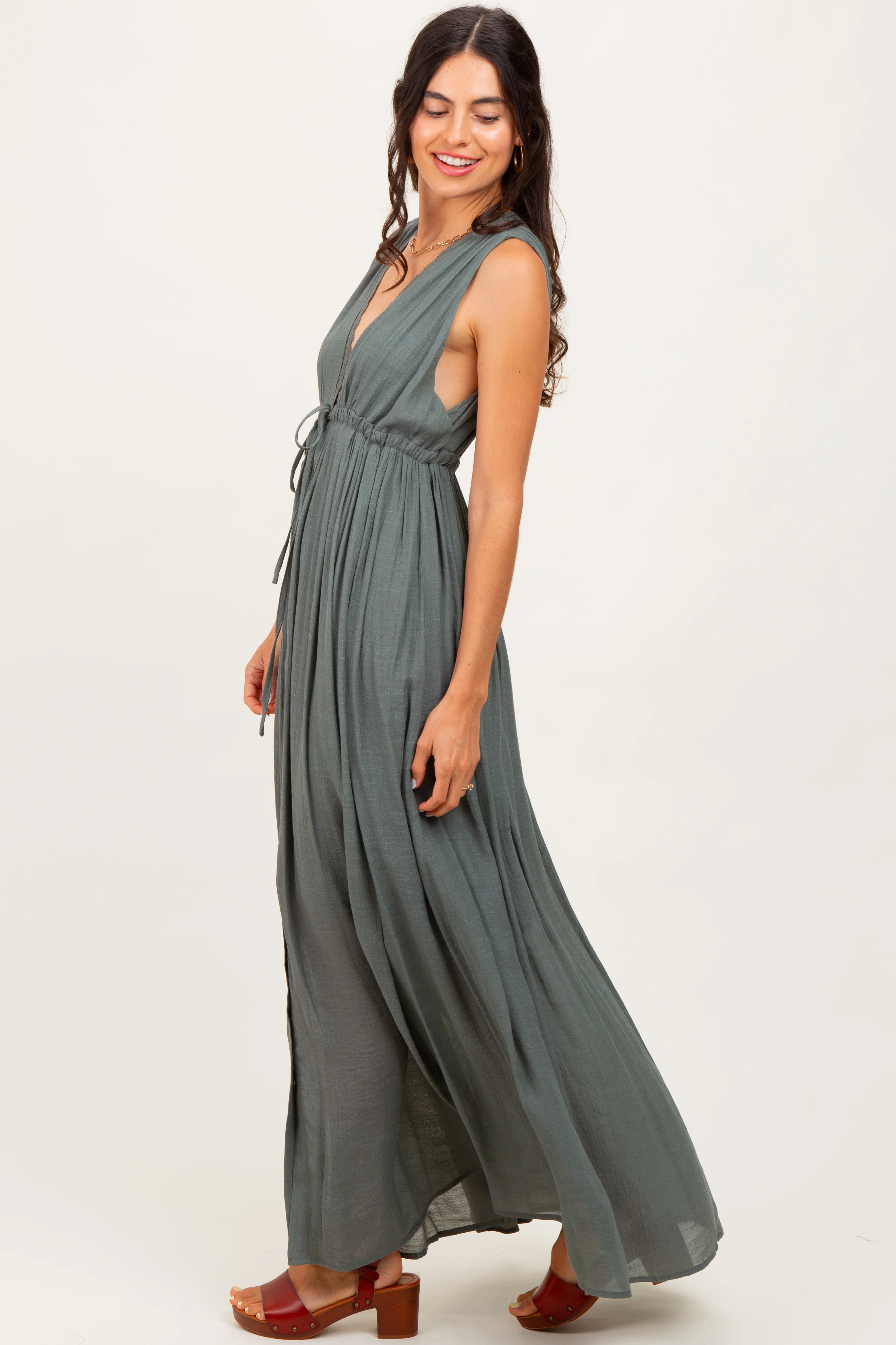 Olive Deep V-Neck Sleeveless Button Down Maxi Dress - Image 3
