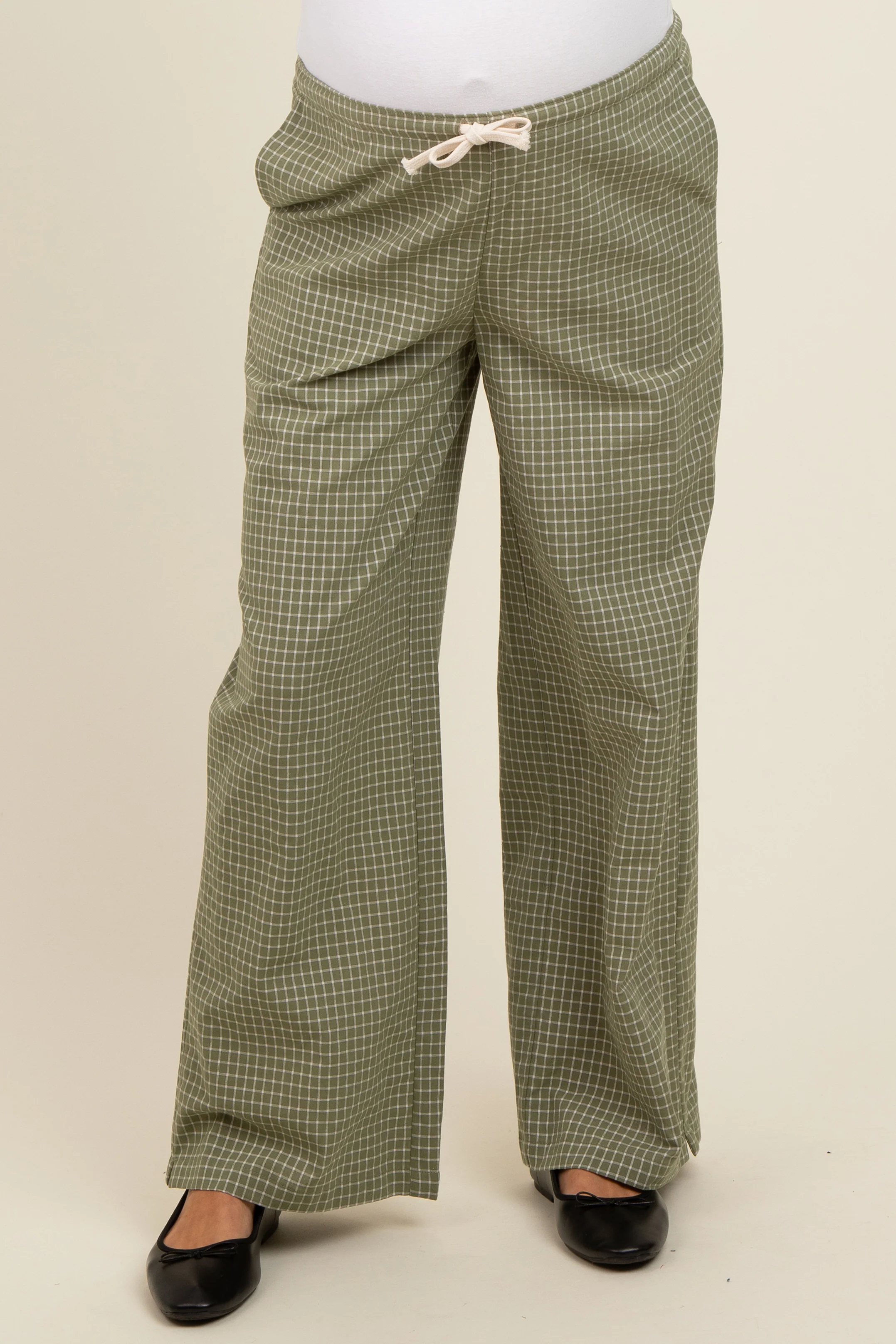 Olive Drawstring Checker Plaid Maternity Pants - Image 4