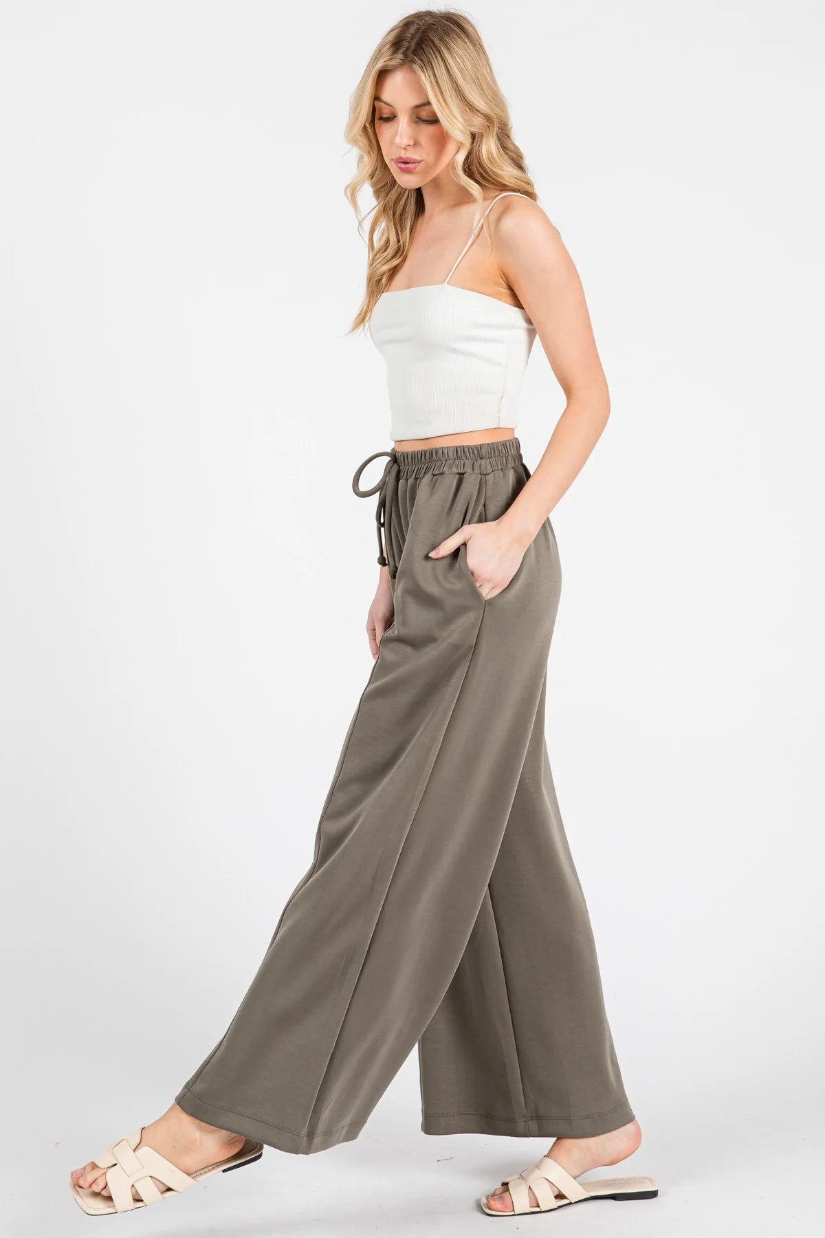 Olive Drawstring Wide Leg Pants - Image 3