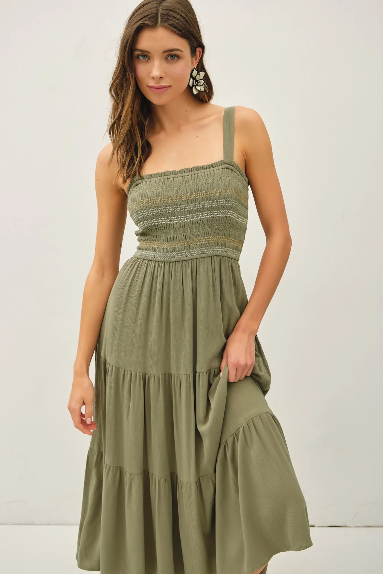 Olive Embroidered Smocked Midi Dress - Image 4