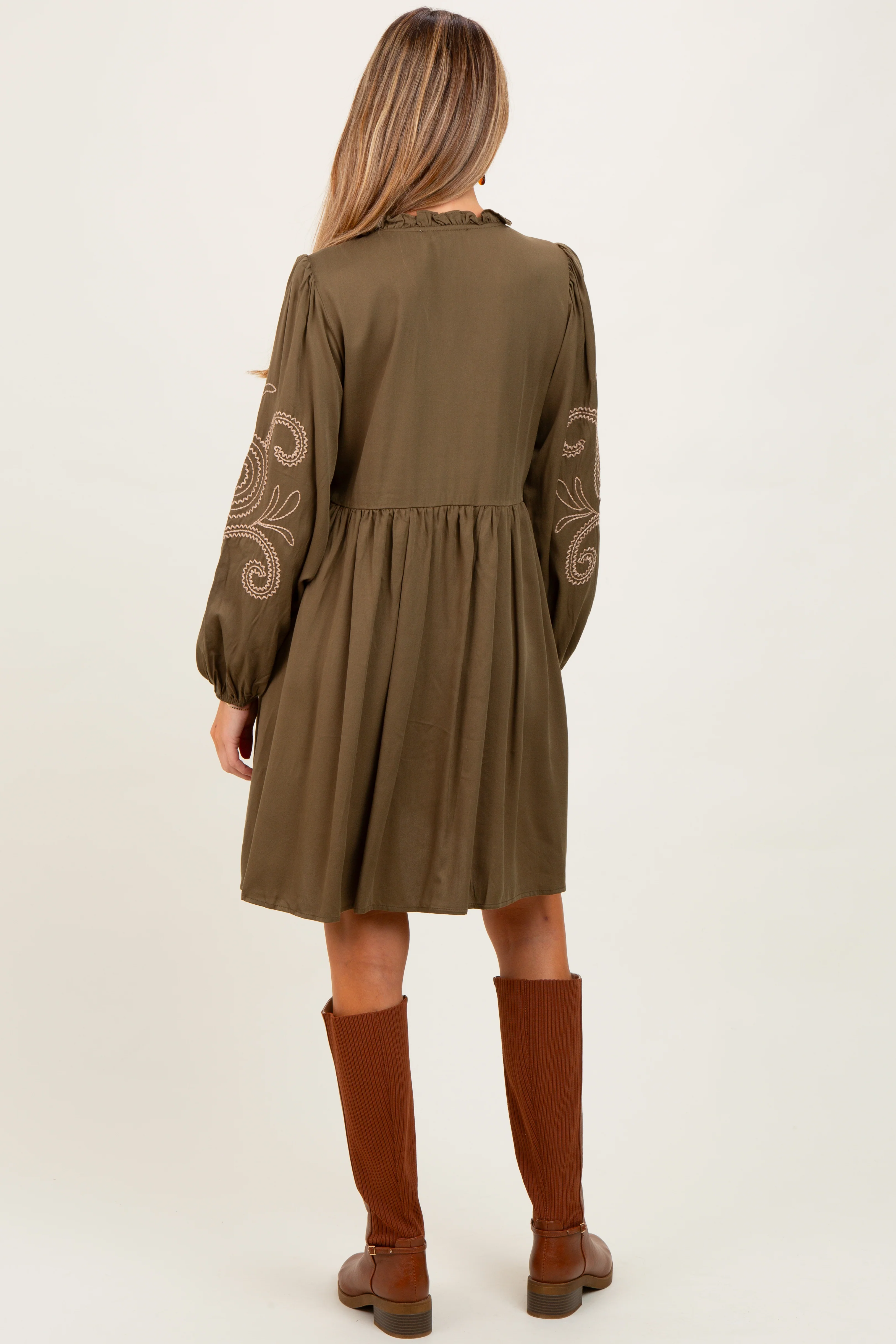Olive Embroidered V-Neck Long Sleeve Maternity Dress - Image 4