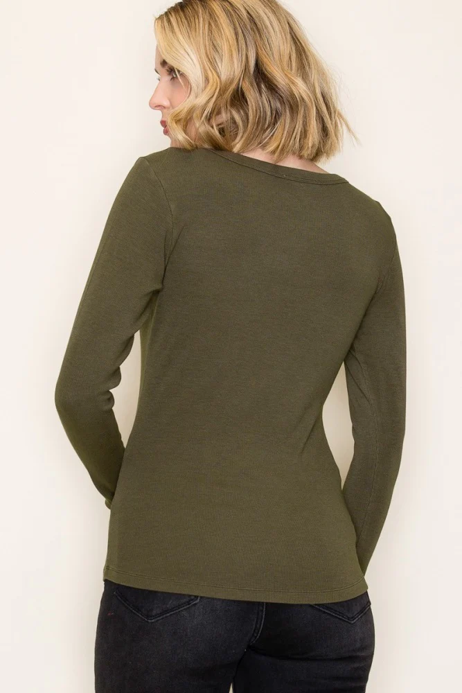 Olive Fine Rib Scoop Neck Long Sleeve Top - Image 5