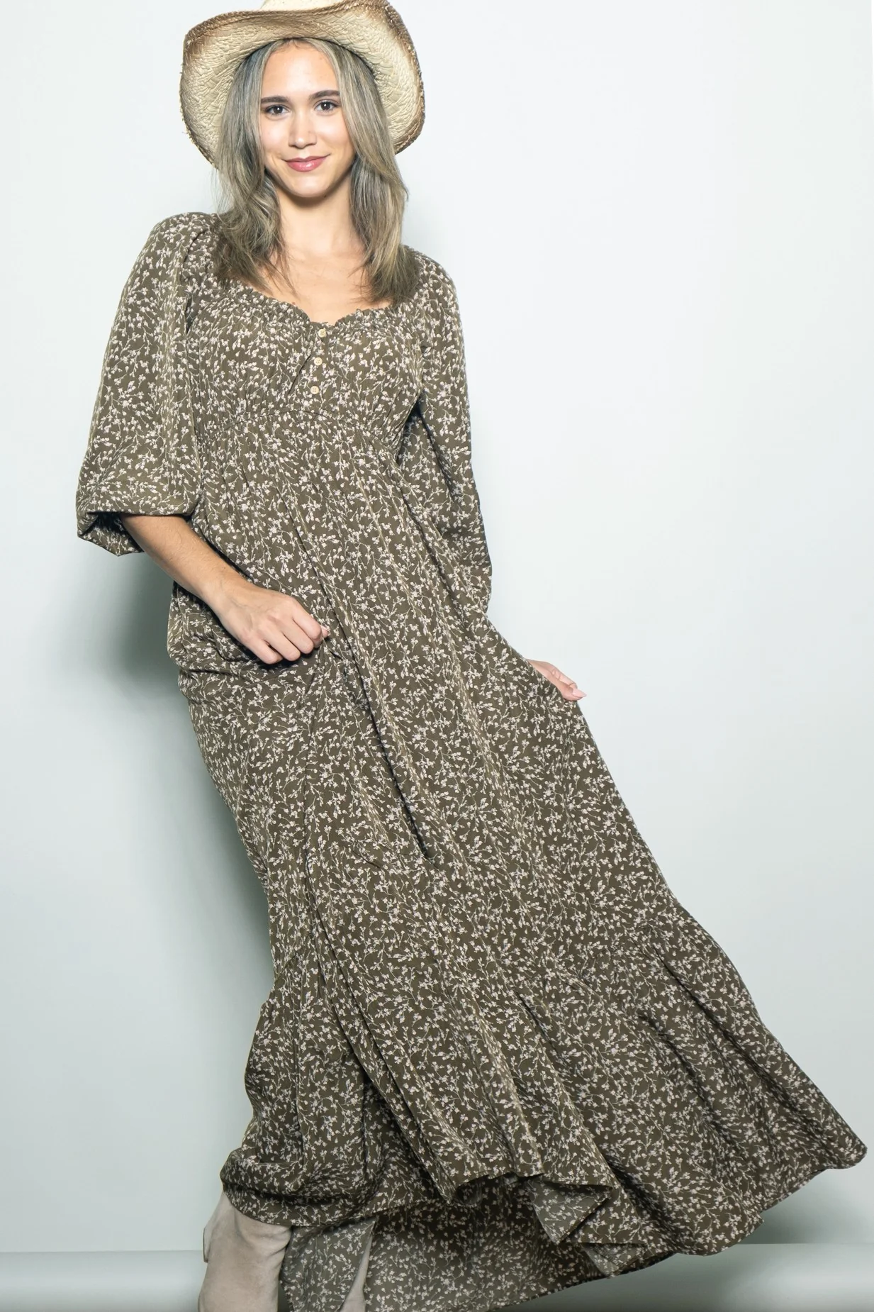 Olive Floral Button Accent Long Sleeve Maternity Maxi Dress - Image 4