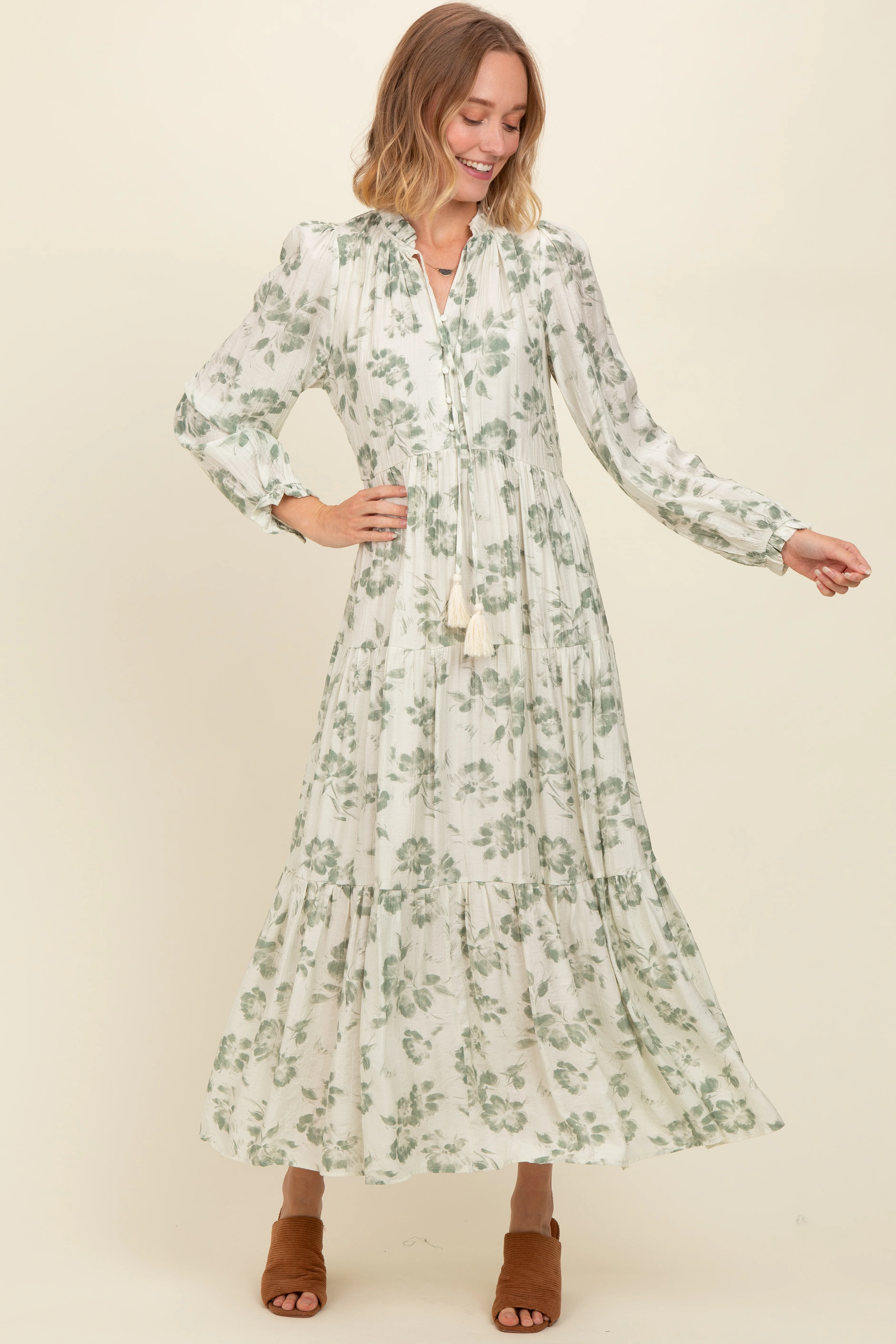 Olive Floral Button Front Tiered Long Sleeve Maxi Dress - Image 2