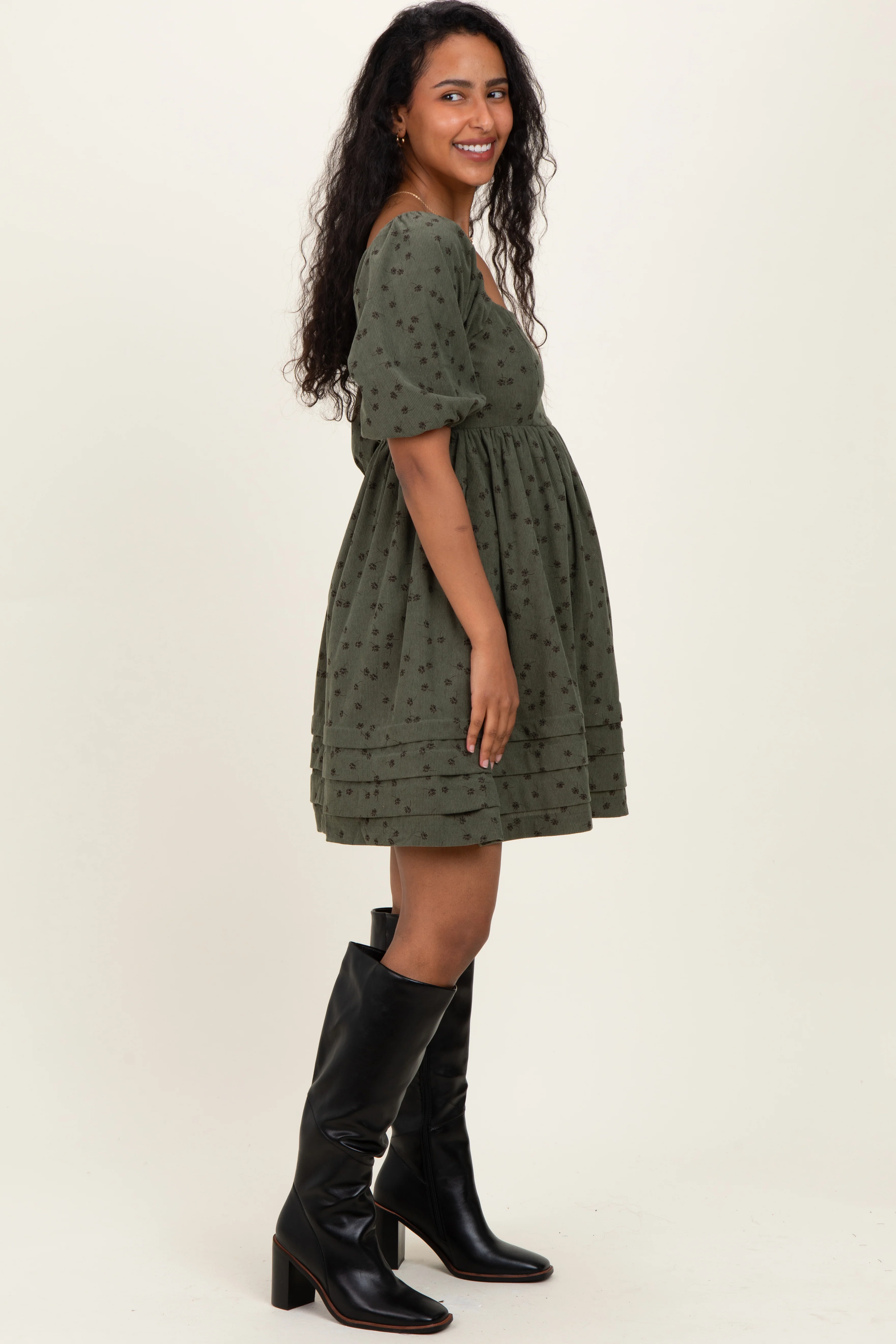 Olive Floral Corduroy Puff Sleeve Babydoll Mini Maternity Dress - Image 3