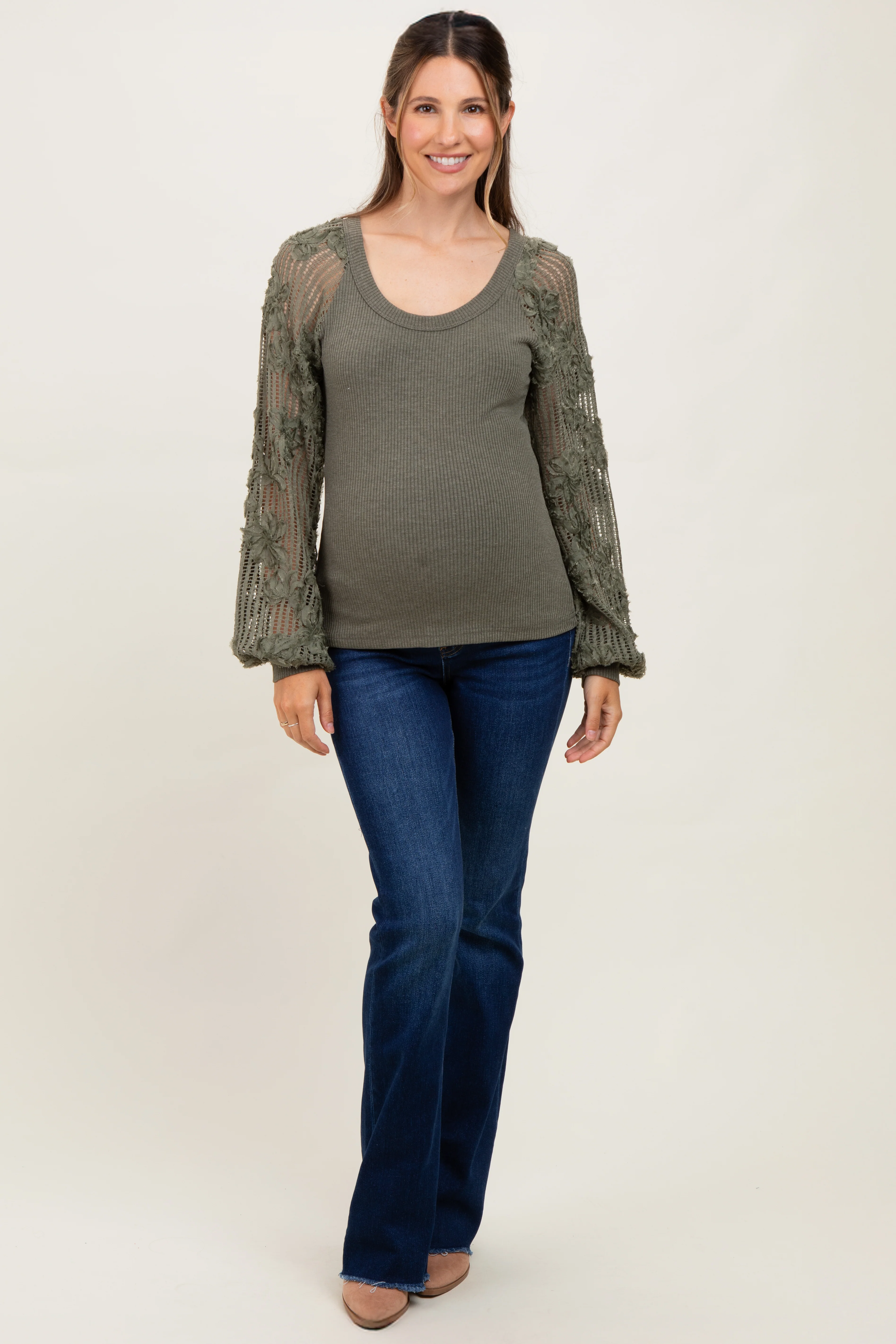 Olive Floral Lace Balloon Sleeve Maternity Top - Image 4