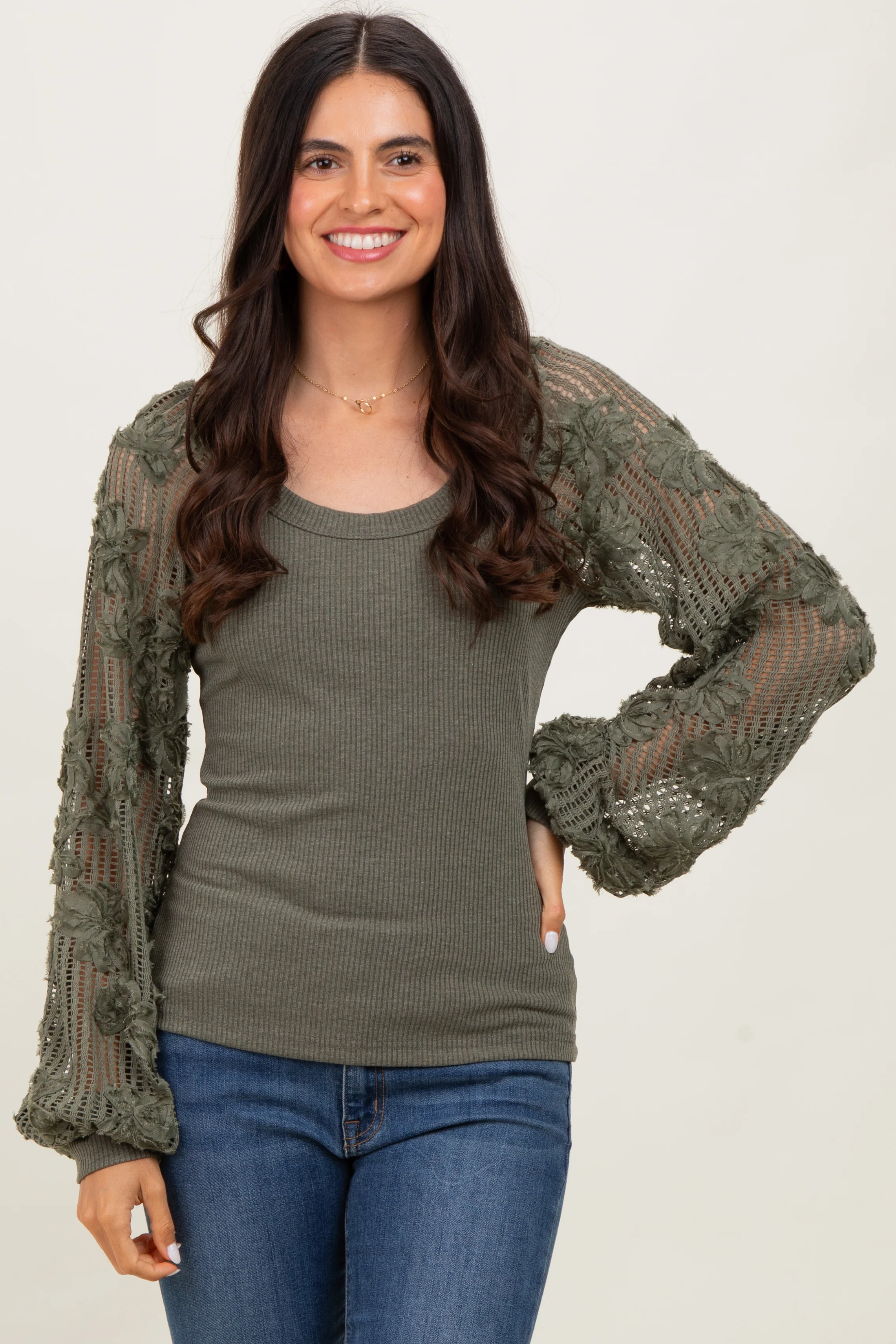 Olive Floral Lace Balloon Sleeve Maternity Top - Image 7