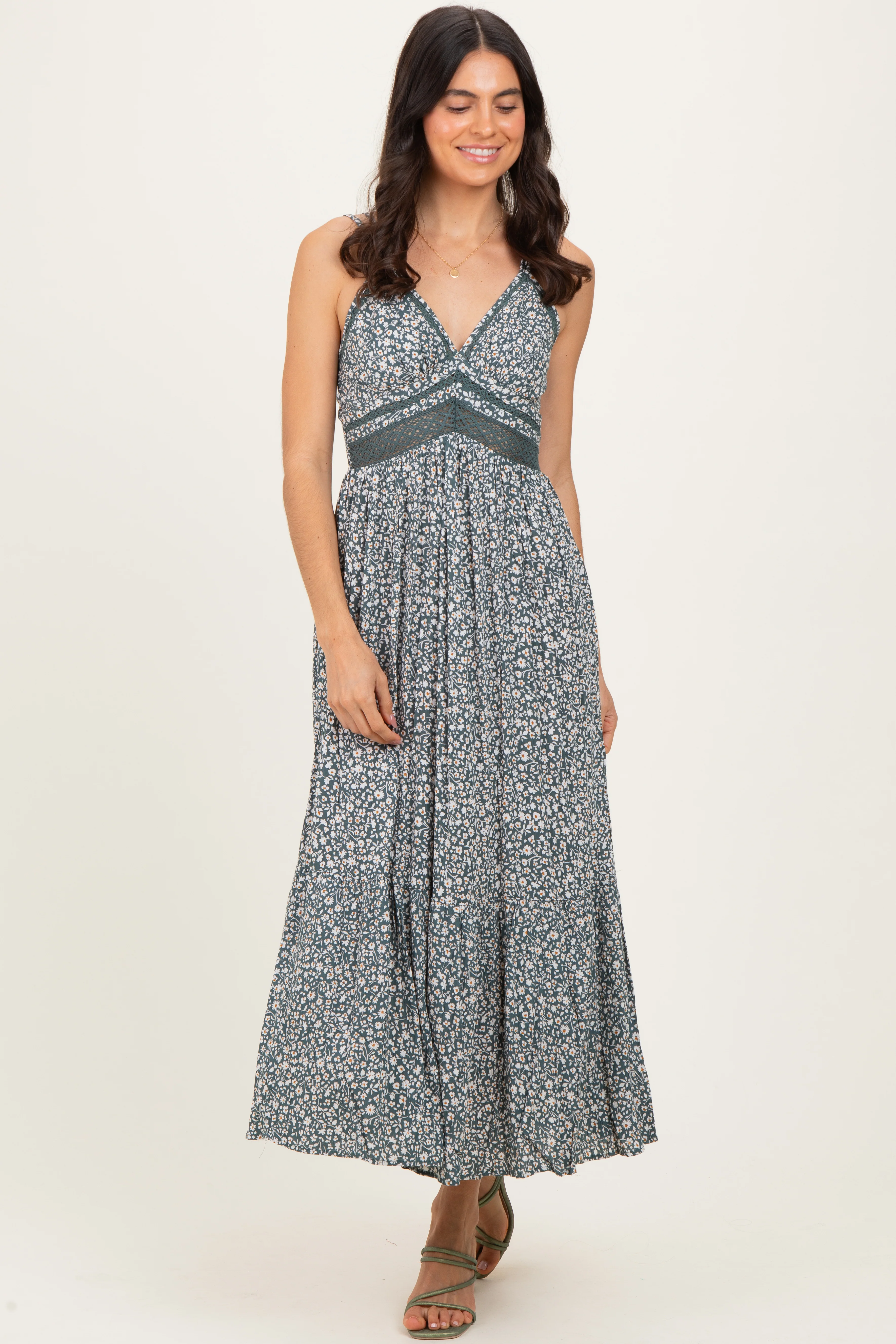 Olive Floral Lace Detail Strappy Maxi Dress - Image 2
