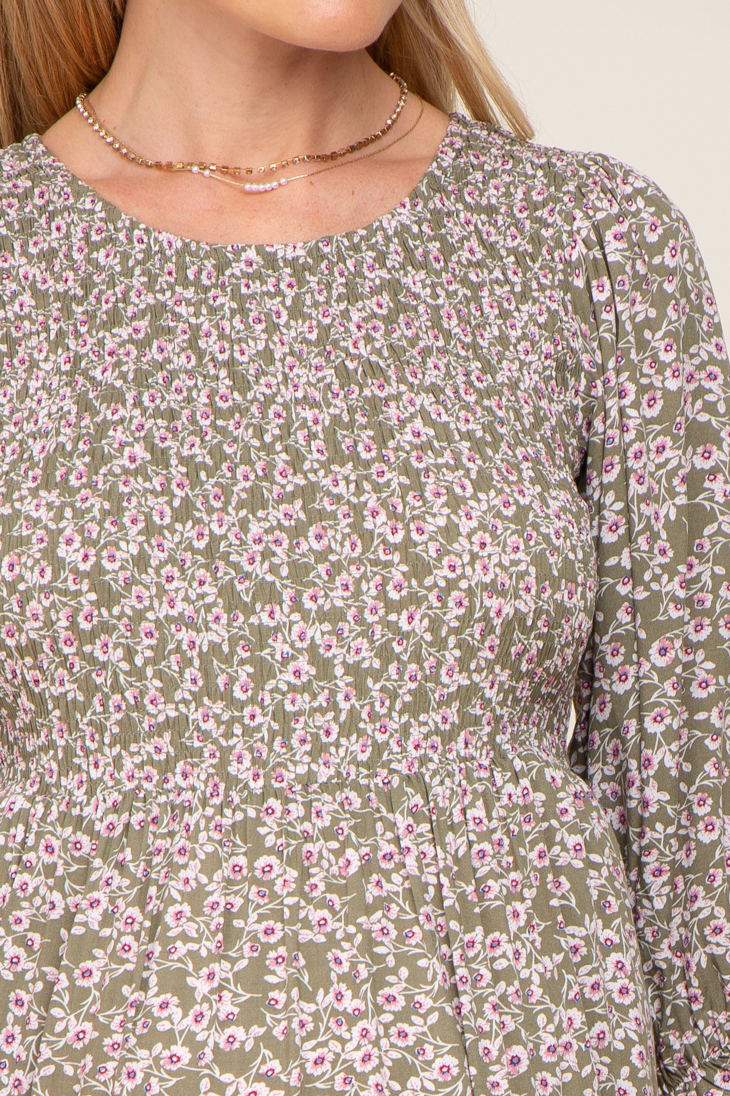 Olive Floral Smocked 3/4 Sleeve Maternity Midi Dress - Image 4