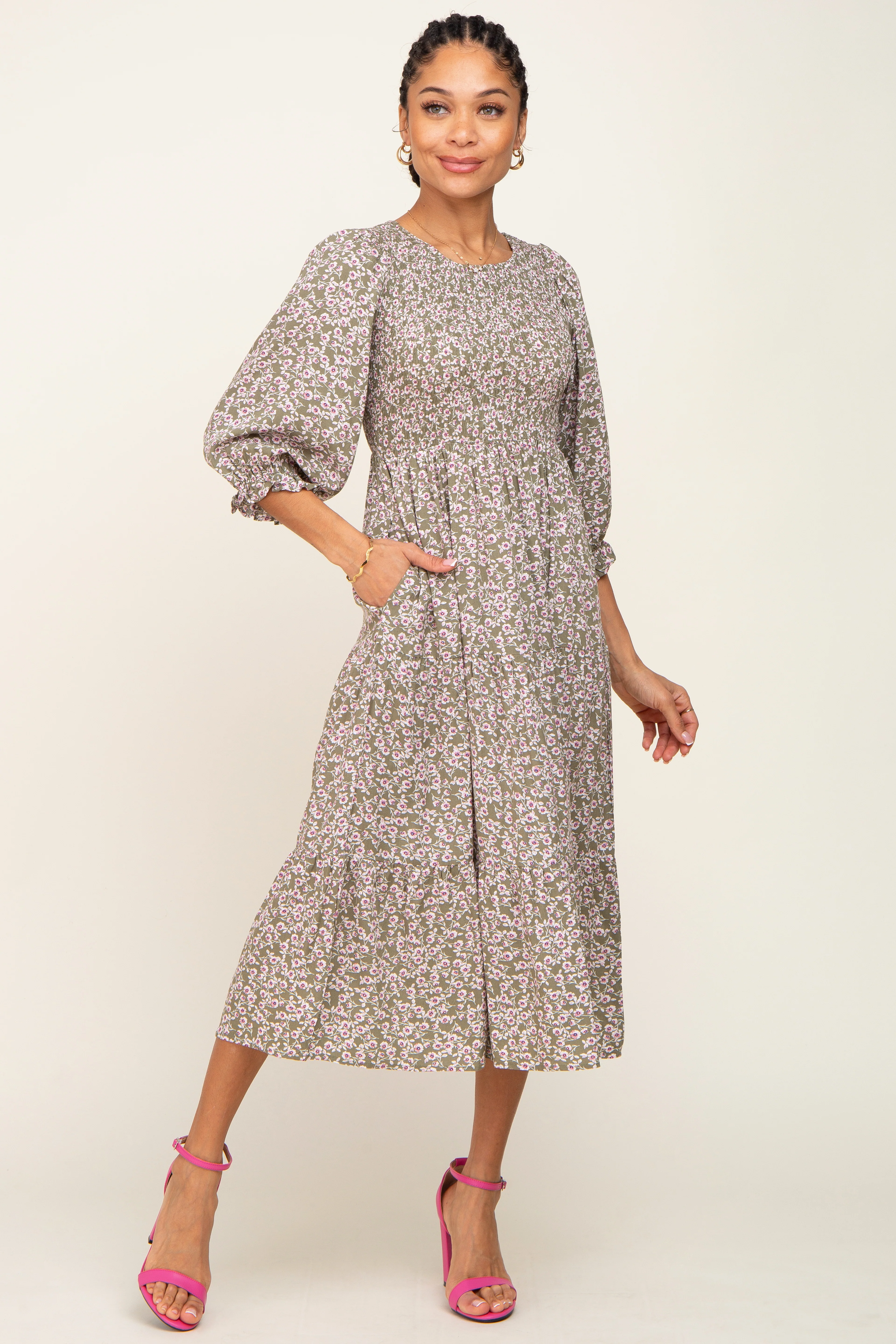 Olive Floral Smocked 3/4 Sleeve Maternity Midi Dress - Image 6
