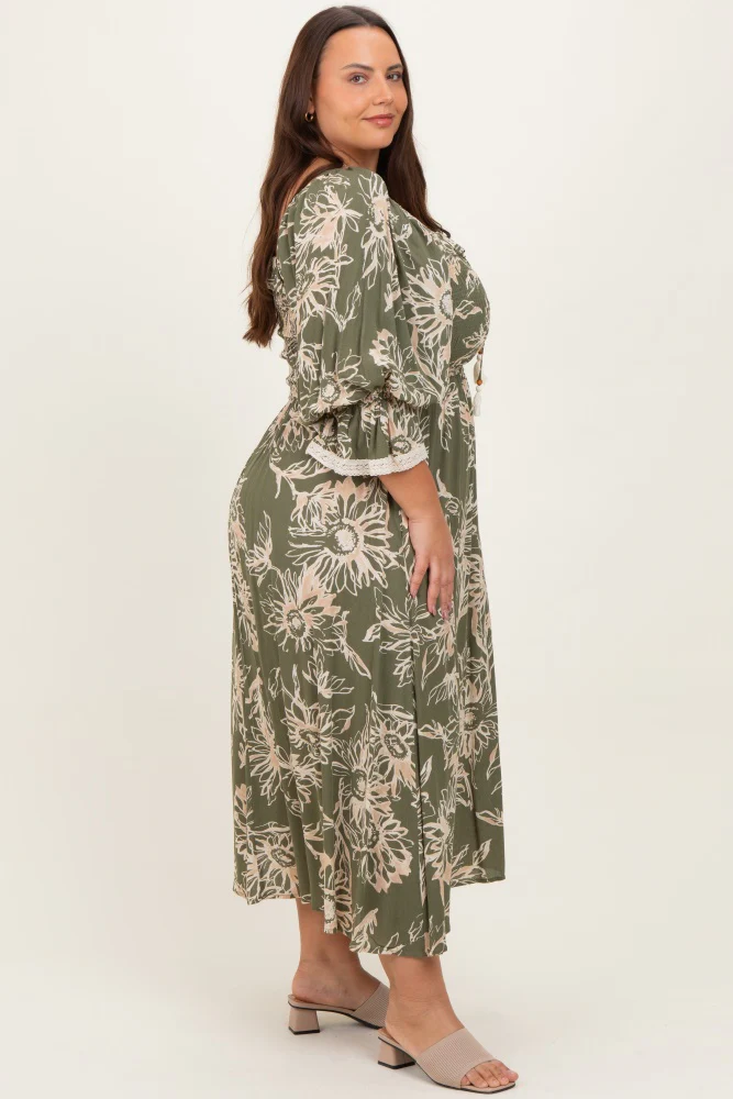 Olive Floral Smocked 3/4 Sleeve Plus Midi Dress - Image 3