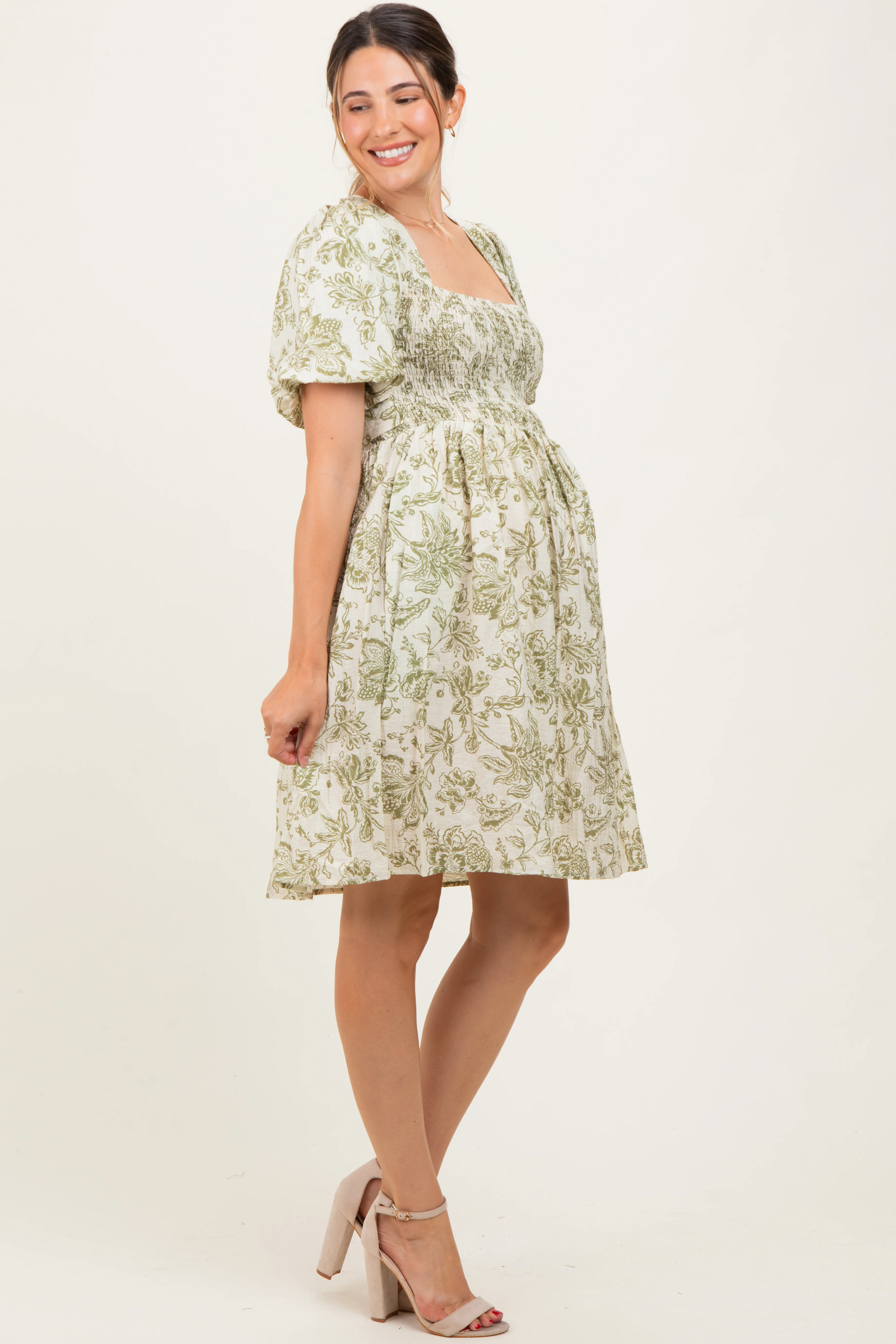 Olive Floral Smocked Puff Sleeve Maternity Dress - Image 3