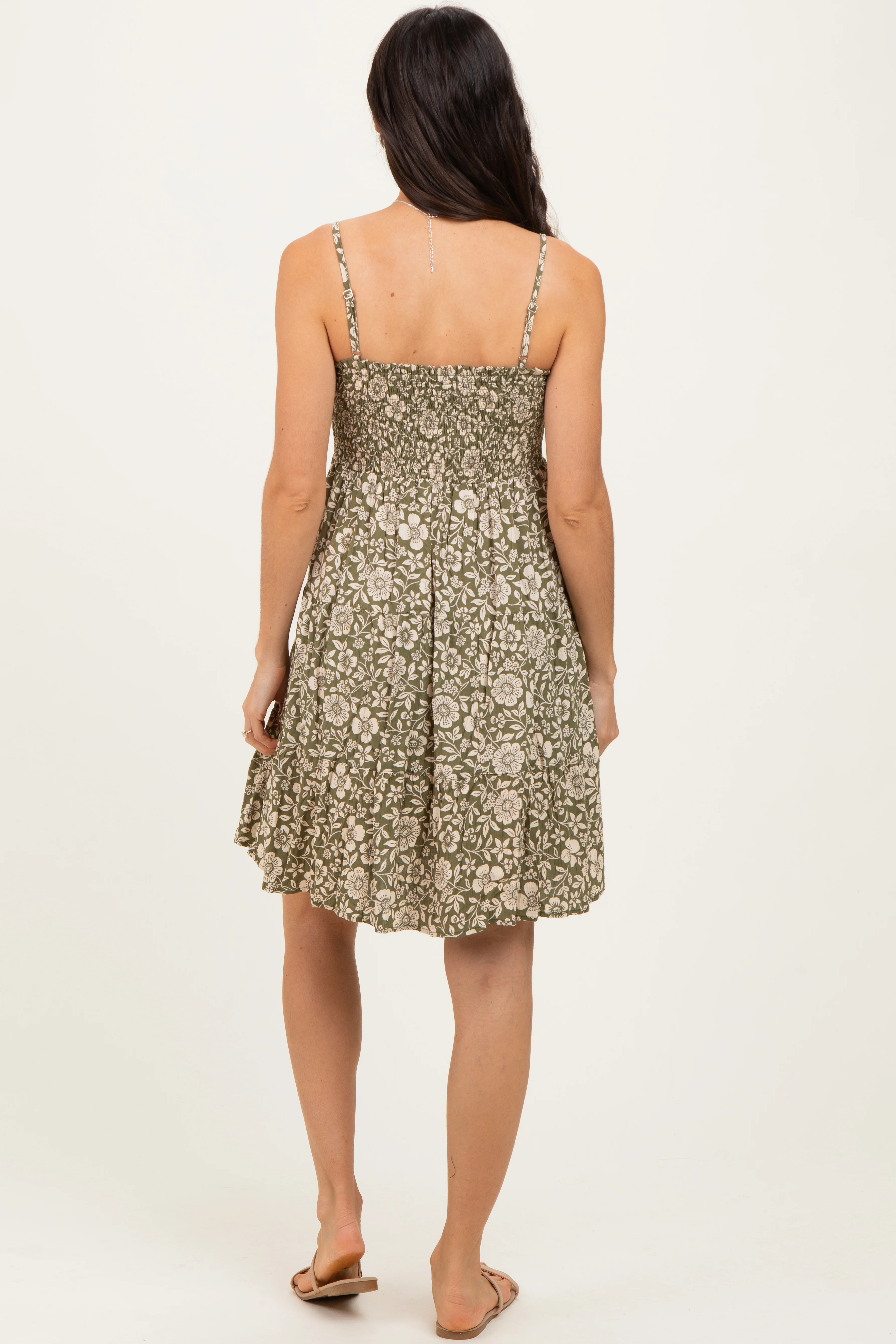 Olive Floral Smocked Sleeveless Mini Dress - Image 4