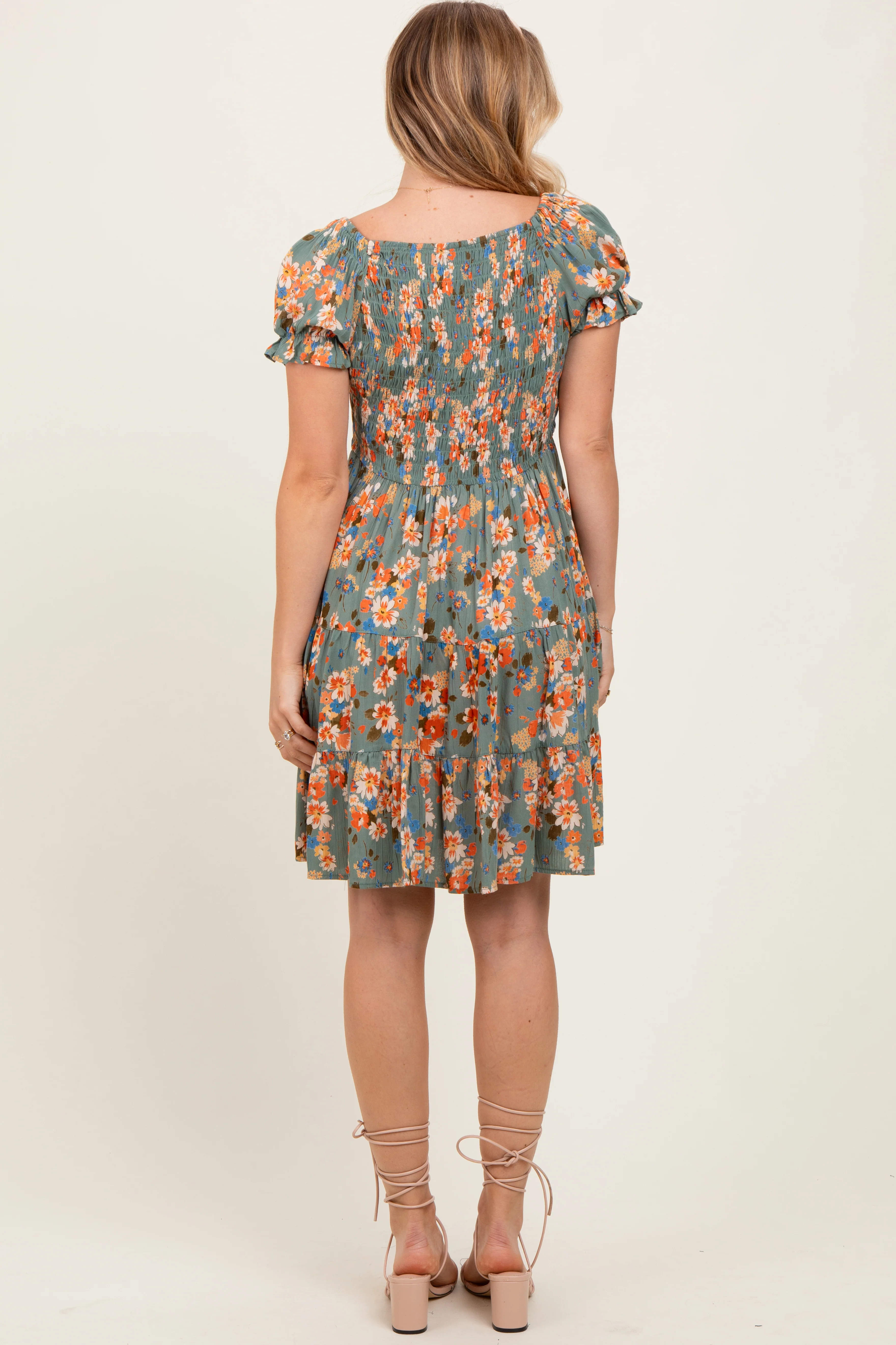 Olive Floral Smocked V-Neck Puff Sleeve Dress - Image 4