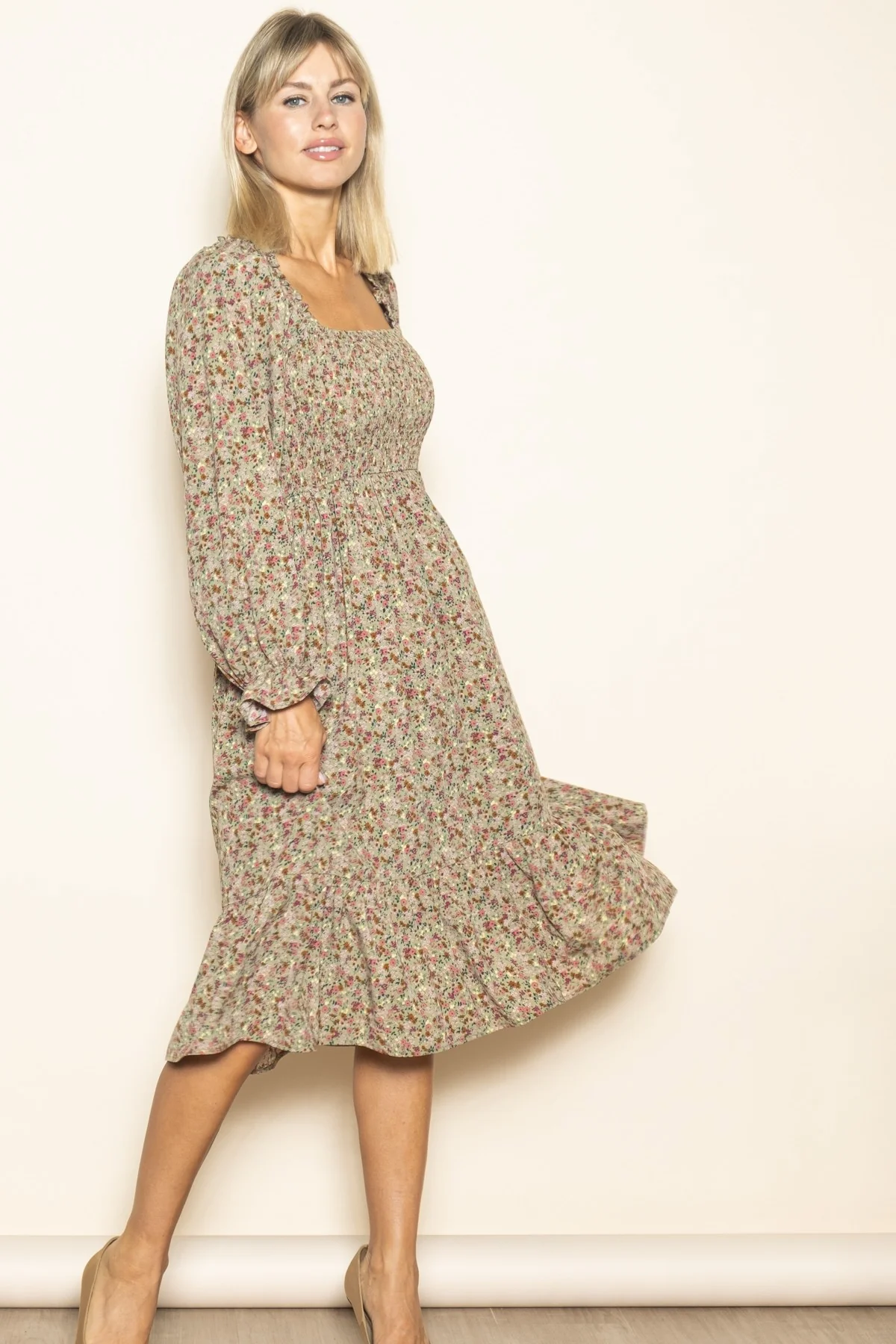 Olive Floral Smocked Velvet Back Tie Midi Dress - Image 2