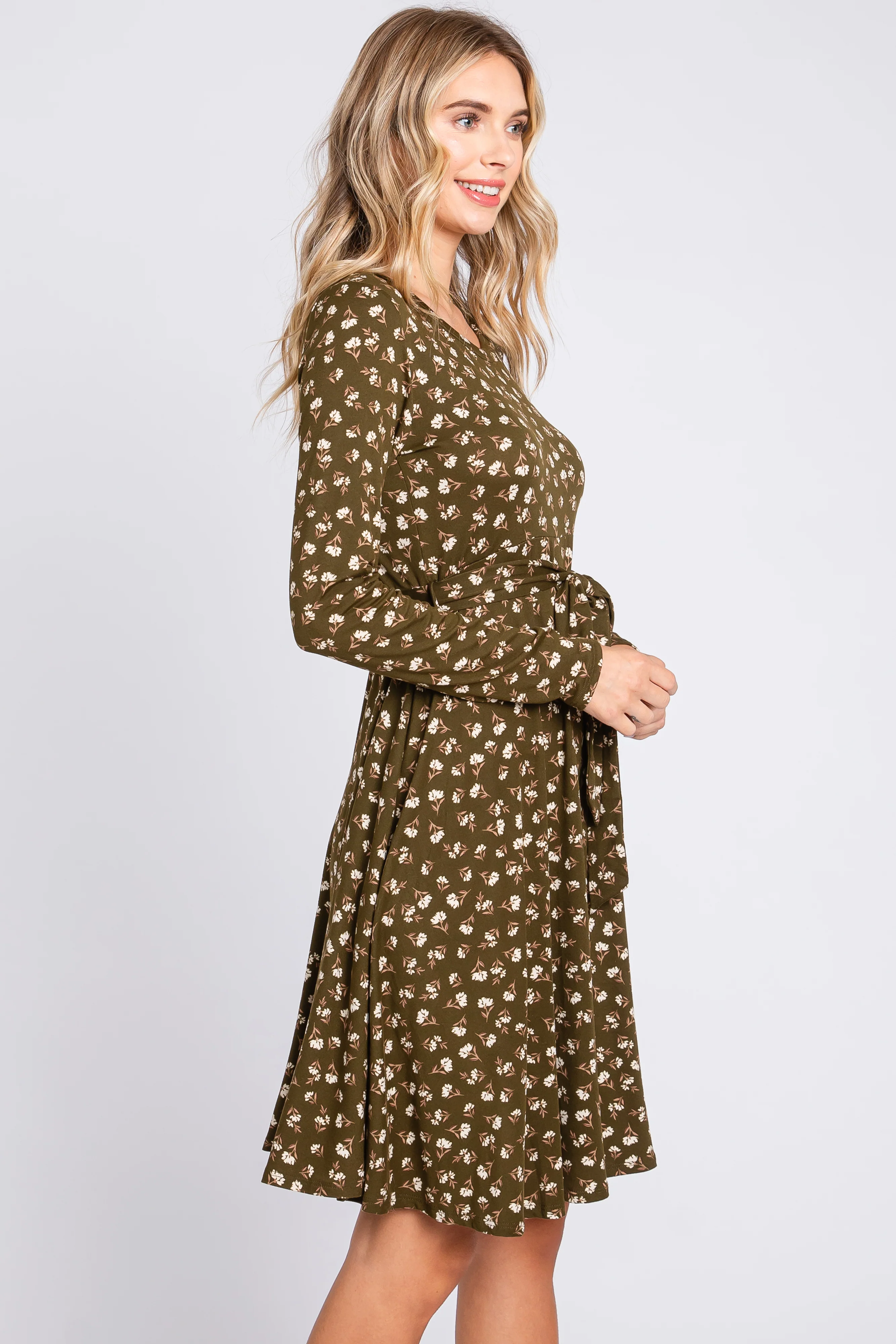 Olive Floral Soft Knit Long Sleeve Dress - Image 4