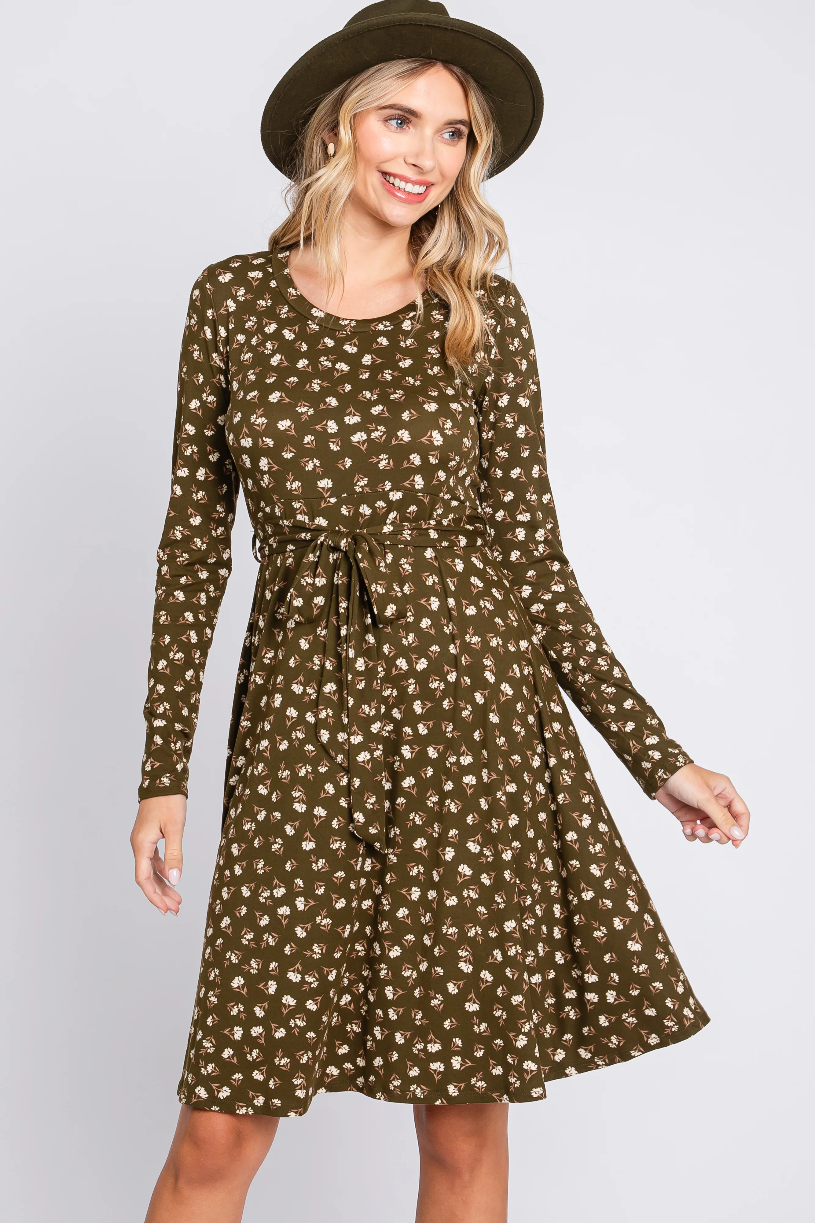 Olive Floral Soft Knit Long Sleeve Maternity Dress - Image 4