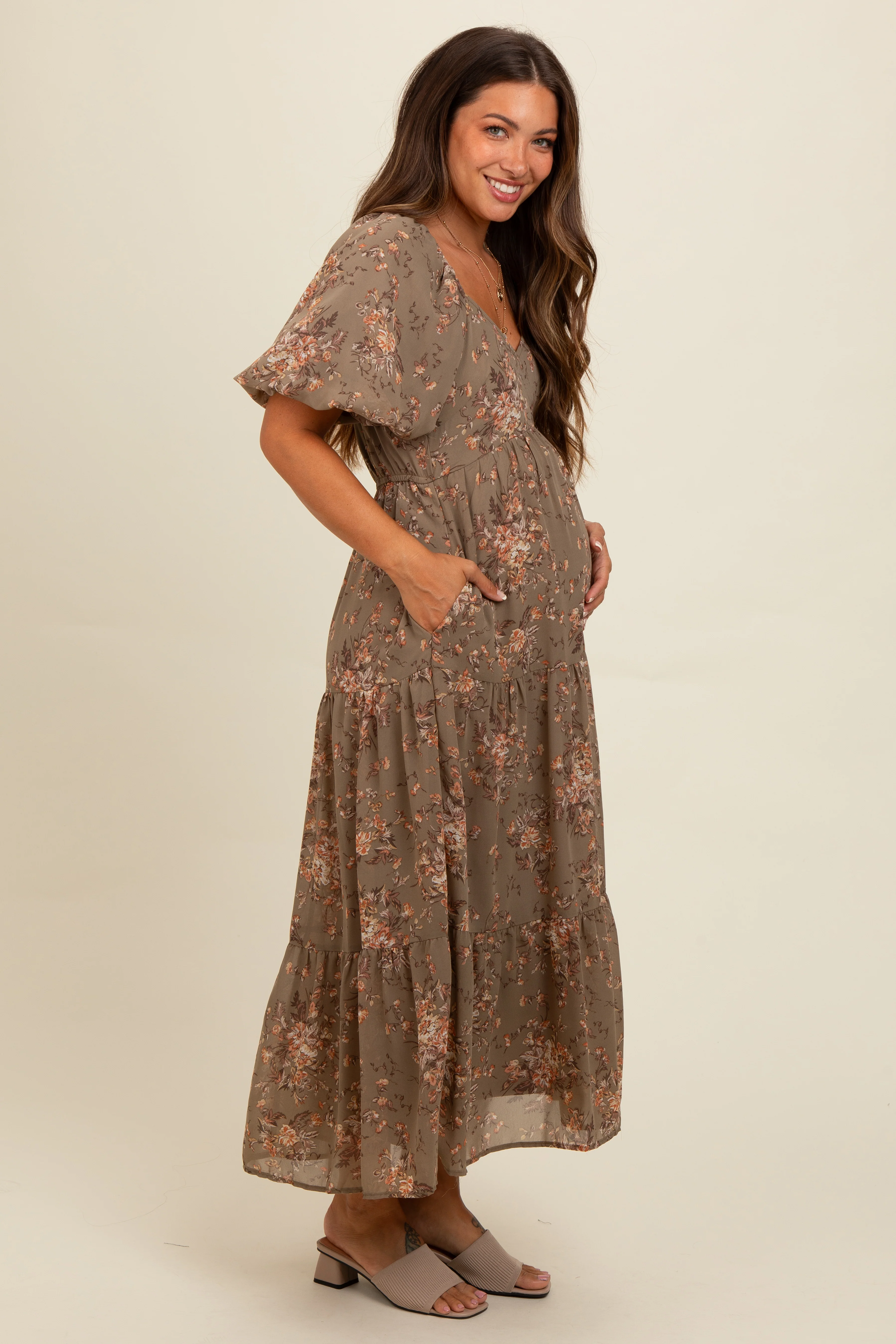 Olive Floral Tiered Puff Sleeve Maternity Maxi Dress - Image 3